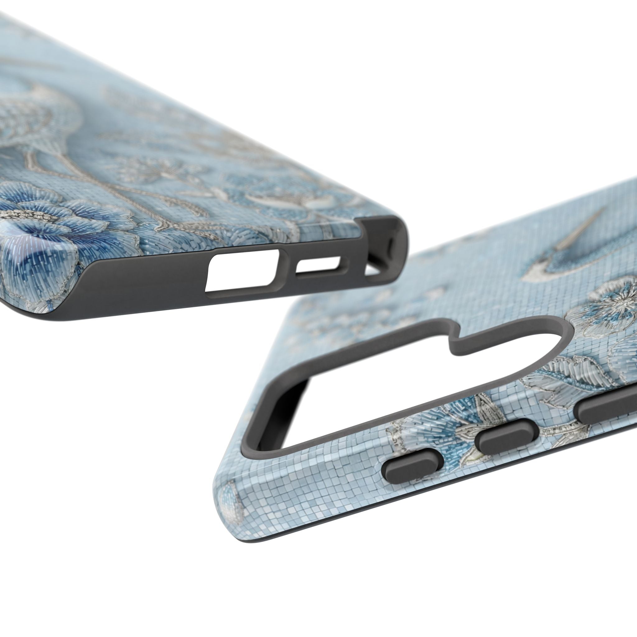 Blue Crane Floral Samsung Galaxy Phone Case | Vintage Embossed Bird Design