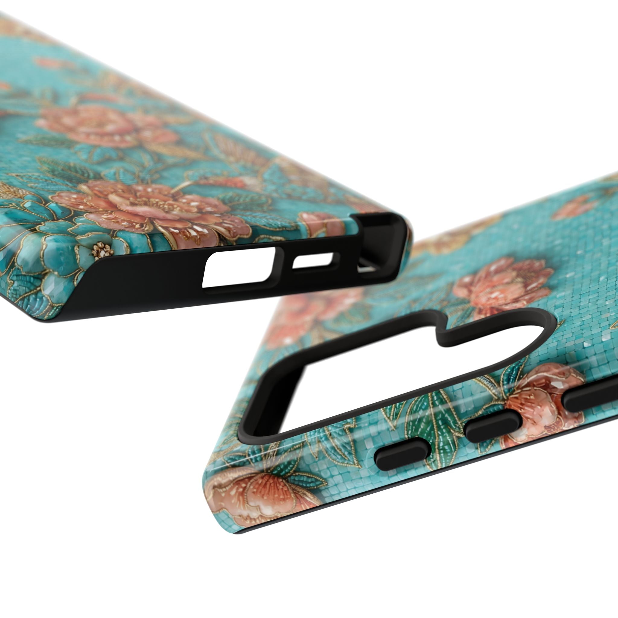 Floral Hummingbird Tough Samsung Galaxy Phone Case | Turquoise Embroidered Garden Design