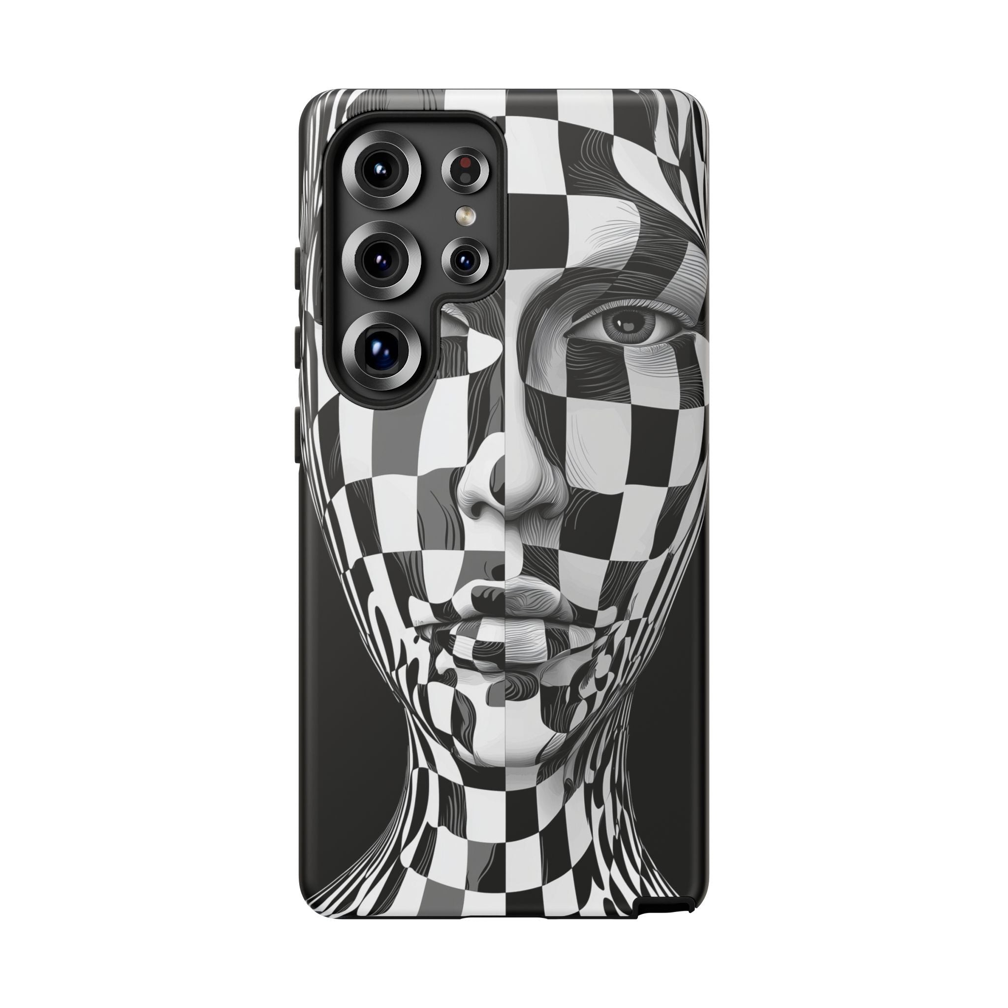 Checkerboard Face Tough Samsung Galaxy Case — Black & White Surreal Art Protective Cover