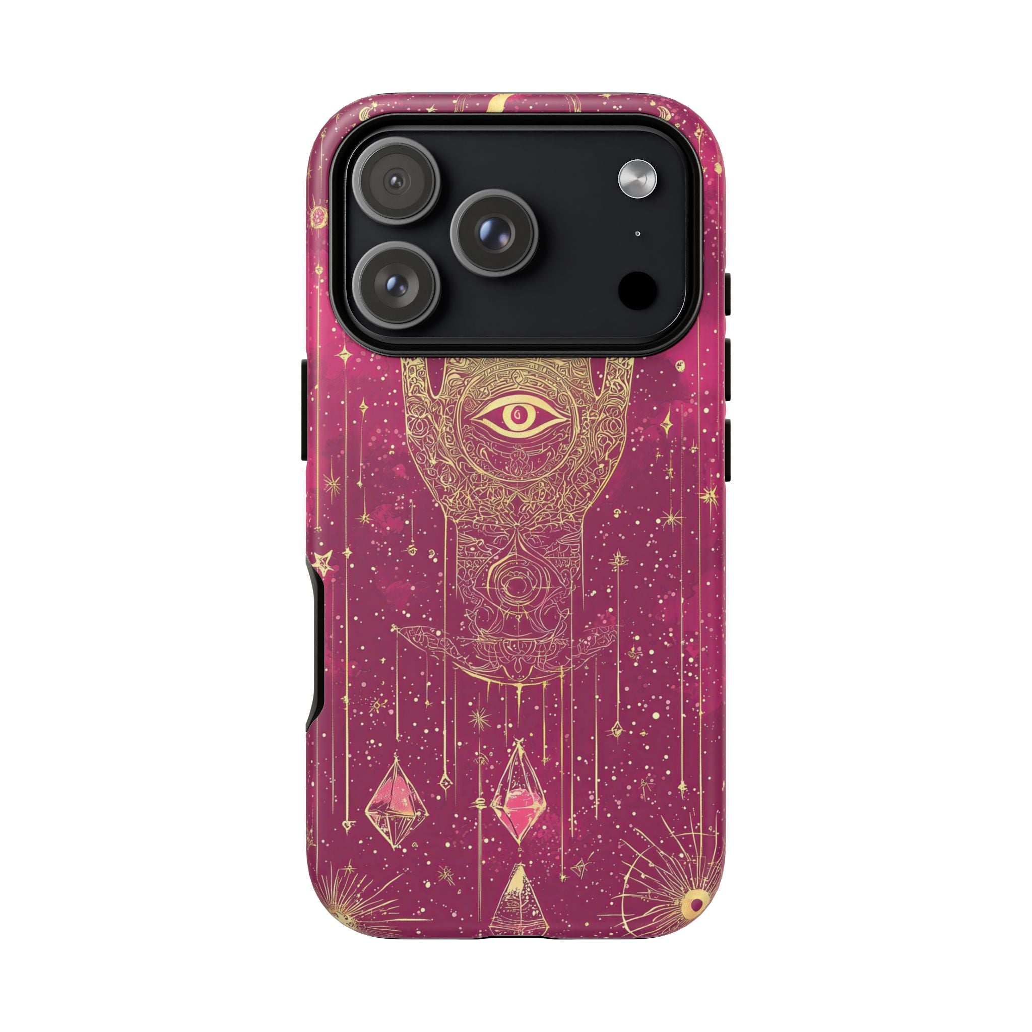 Mystic Hamsa iPhone Case | Gold Palm & All-Seeing Eye on Magenta Galaxy