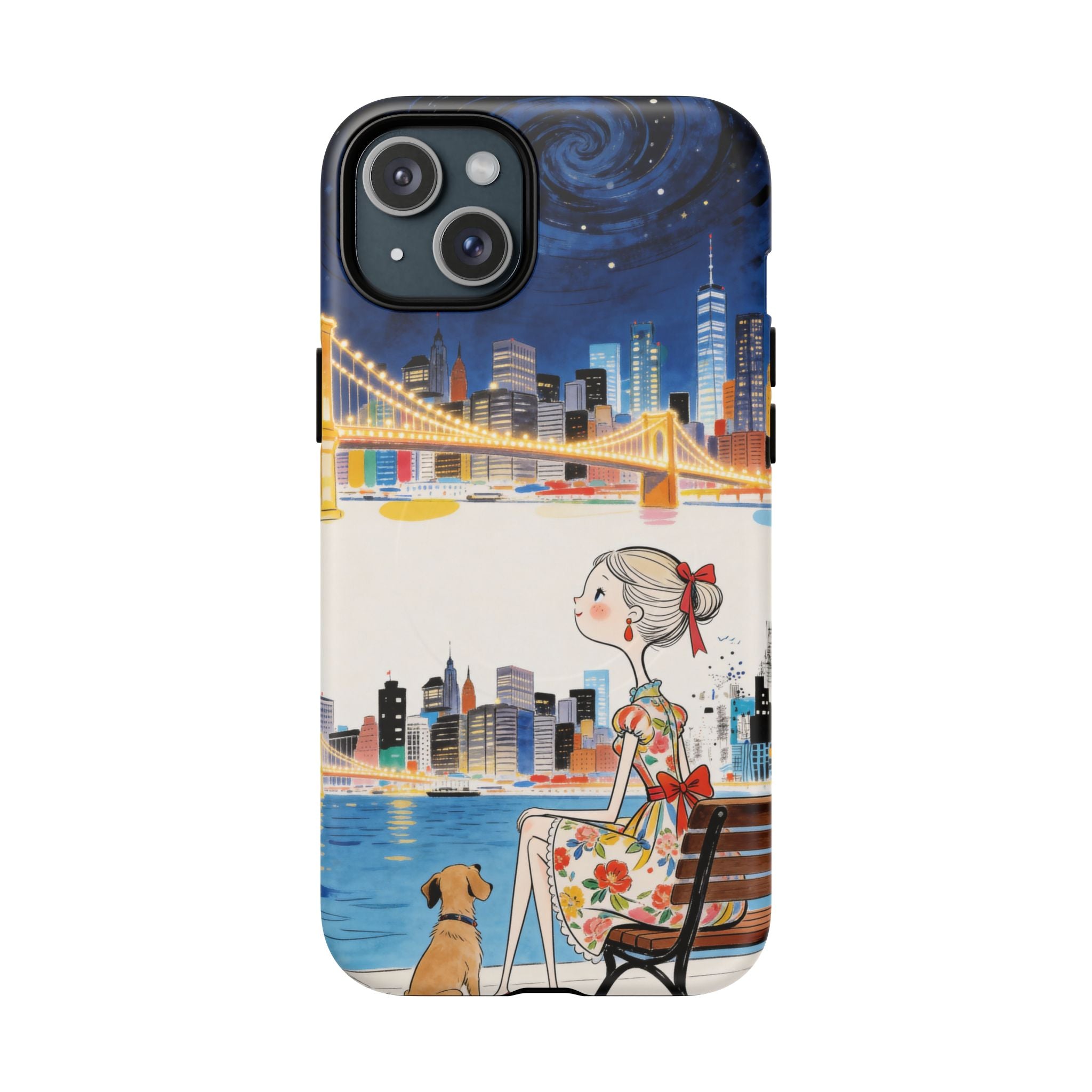 City Night MagSafe iPhone Case | Cute Girl & Dog Bench Illustration