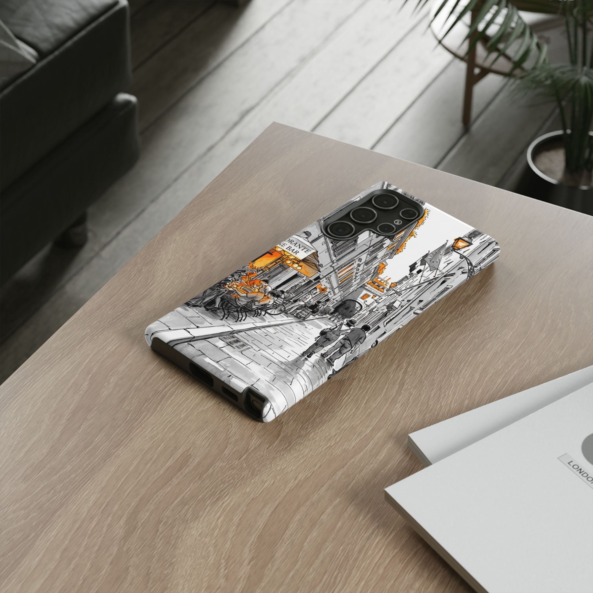 Italy Street Samsung Galaxy Case | Black & White Cityscape with Orange Accents