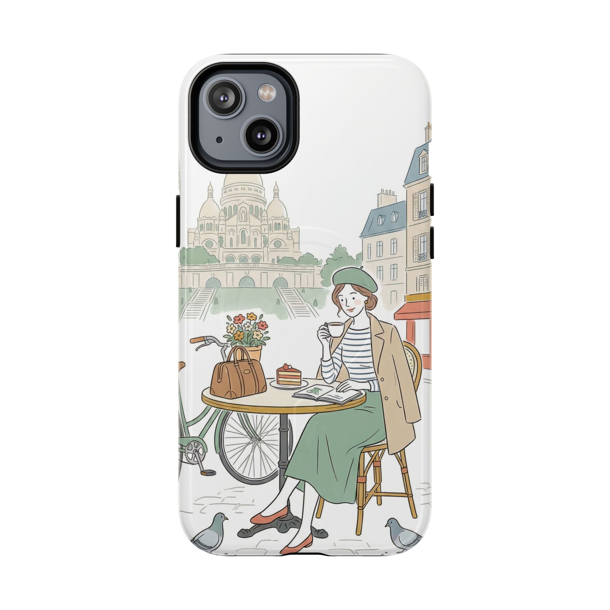 Paris Cafe Illustration MagSafe iPhone Case | Vintage Bicycles & Pigeons Protective Cover