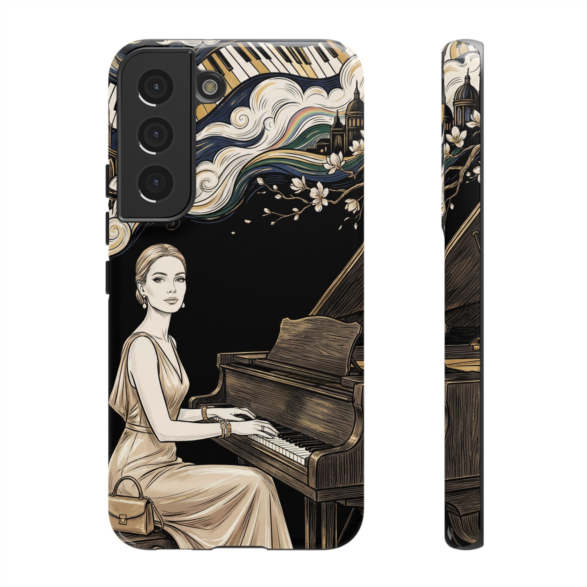 Elegant Piano Woman Samsung Galaxy Phone Case | Vintage Art Deco Music Design