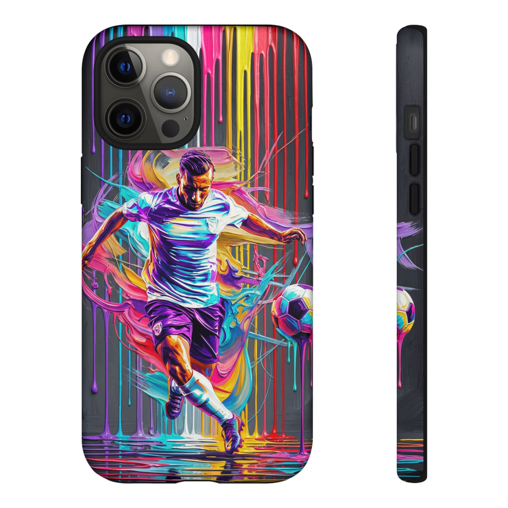Soccer Player Neon Art iPhone Case | Vibrant Football Kick Protective Cover