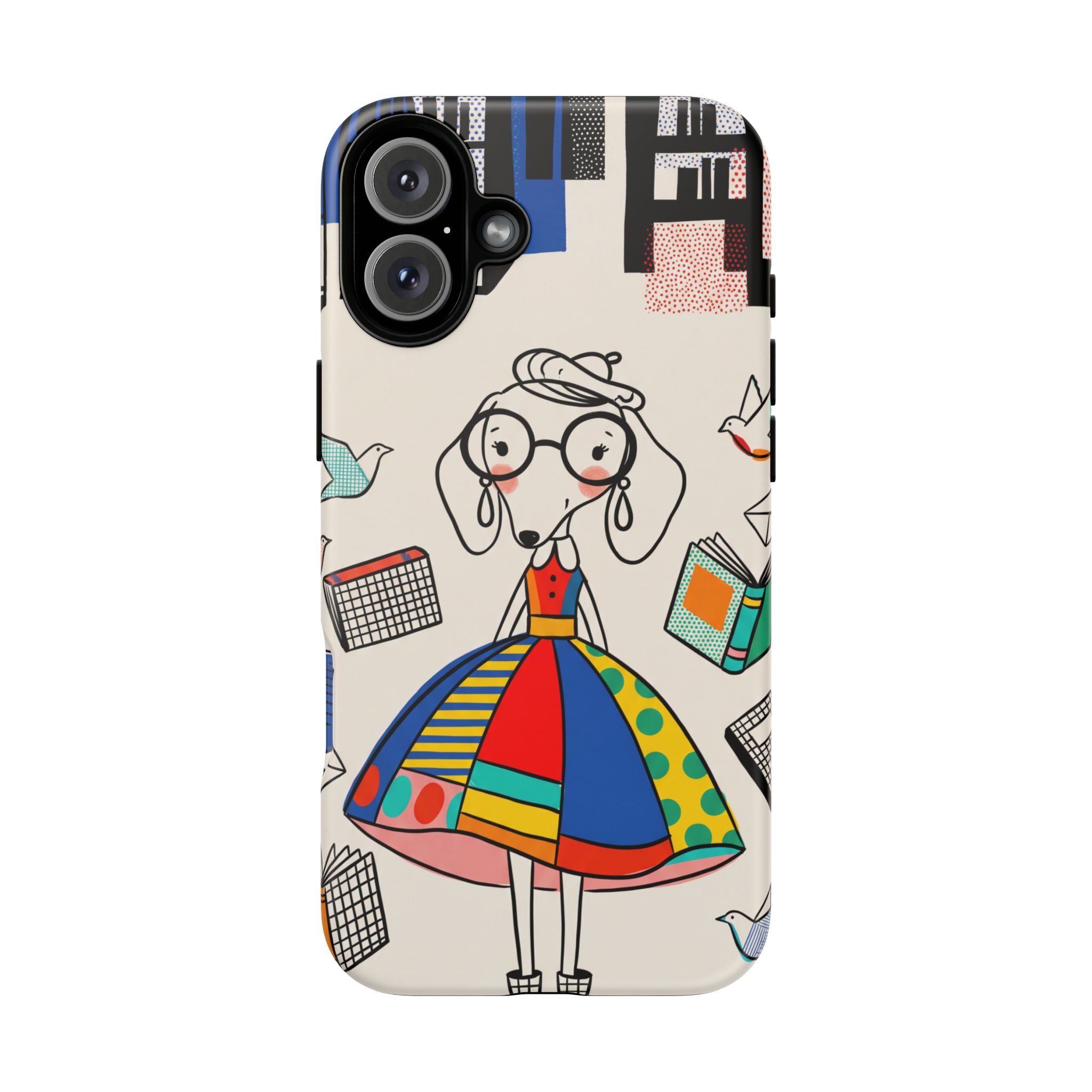 Cute Dachshund Dog Illustration iPhone Case | Colorful Whimsical Book & Bird Design
