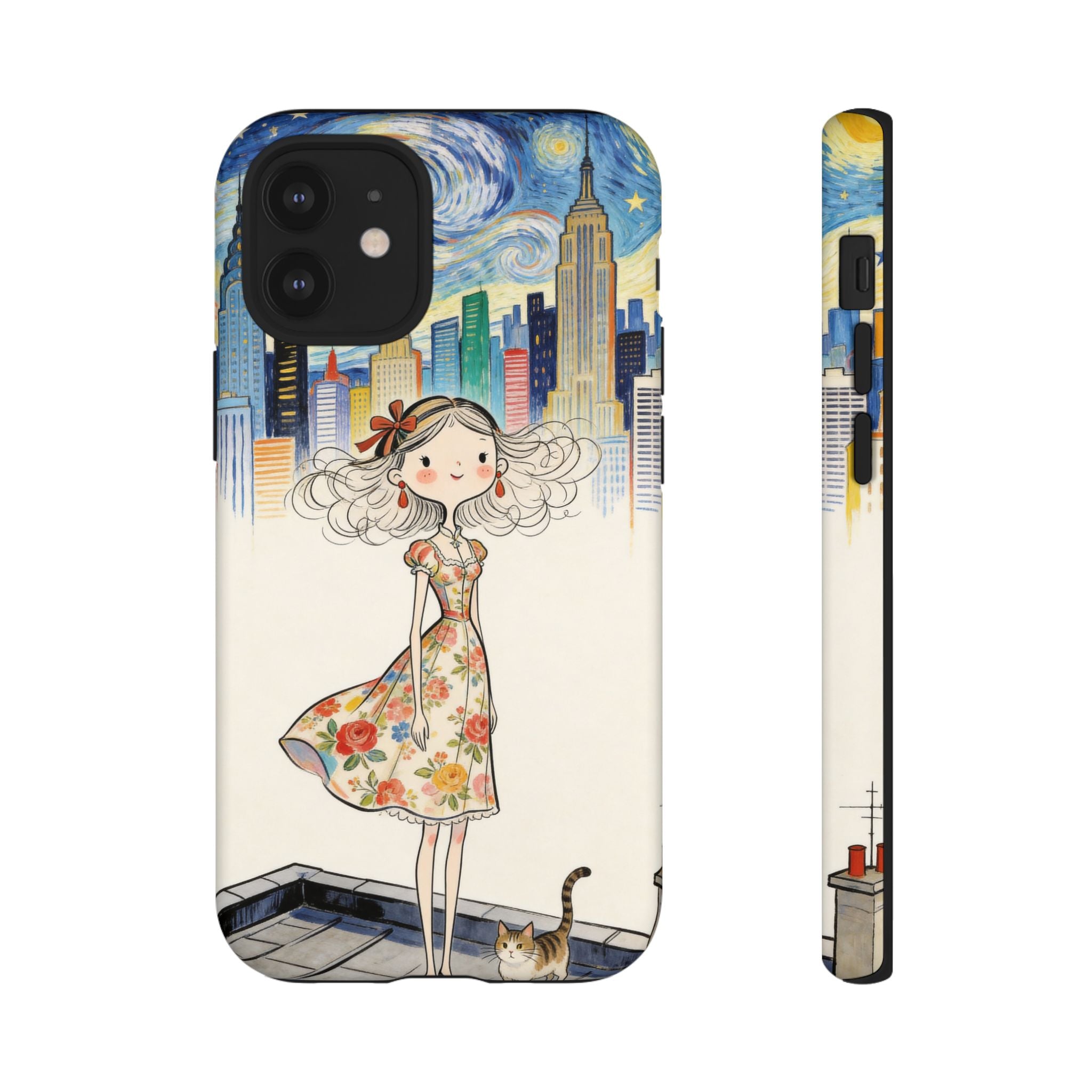 Artistic Girl Cityscape iPhone Case | Cute Floral Dress Rooftop Design