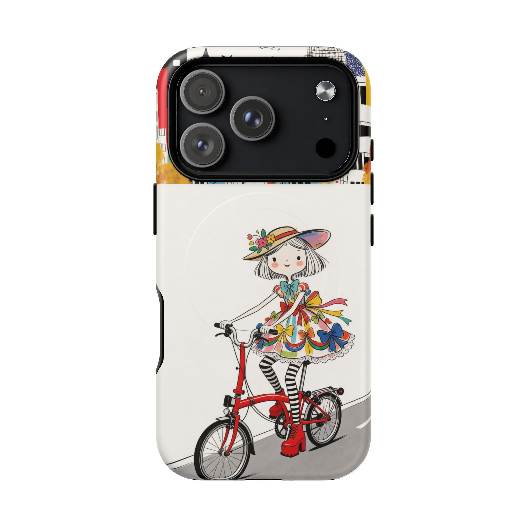 Whimsical Girl on Brompton Bicycle Urban Illustration MagSafe iPhone Case