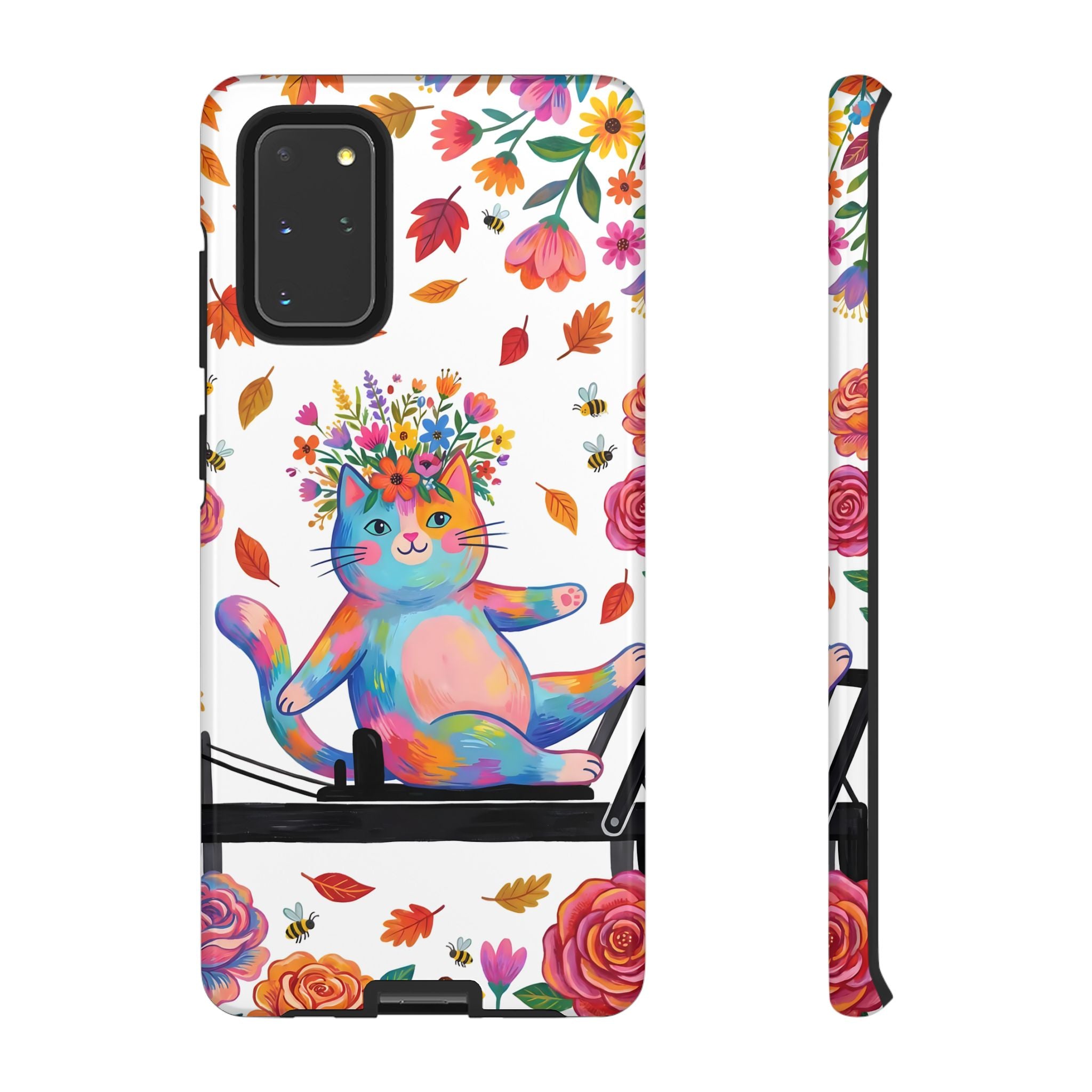 Colorful Floral Cat on Pilates Reformer Protective Samsung Galaxy Phone Case