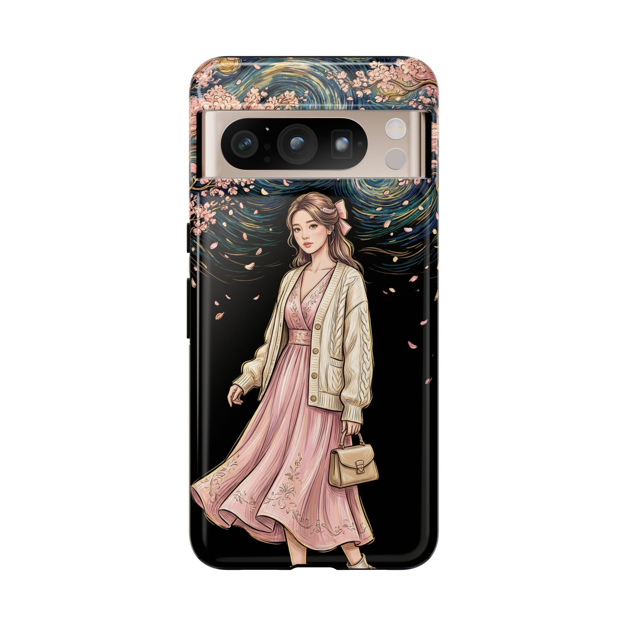 Floral Starry Night Google Pixel Phone Case | Elegant Girl in Pink Dress
