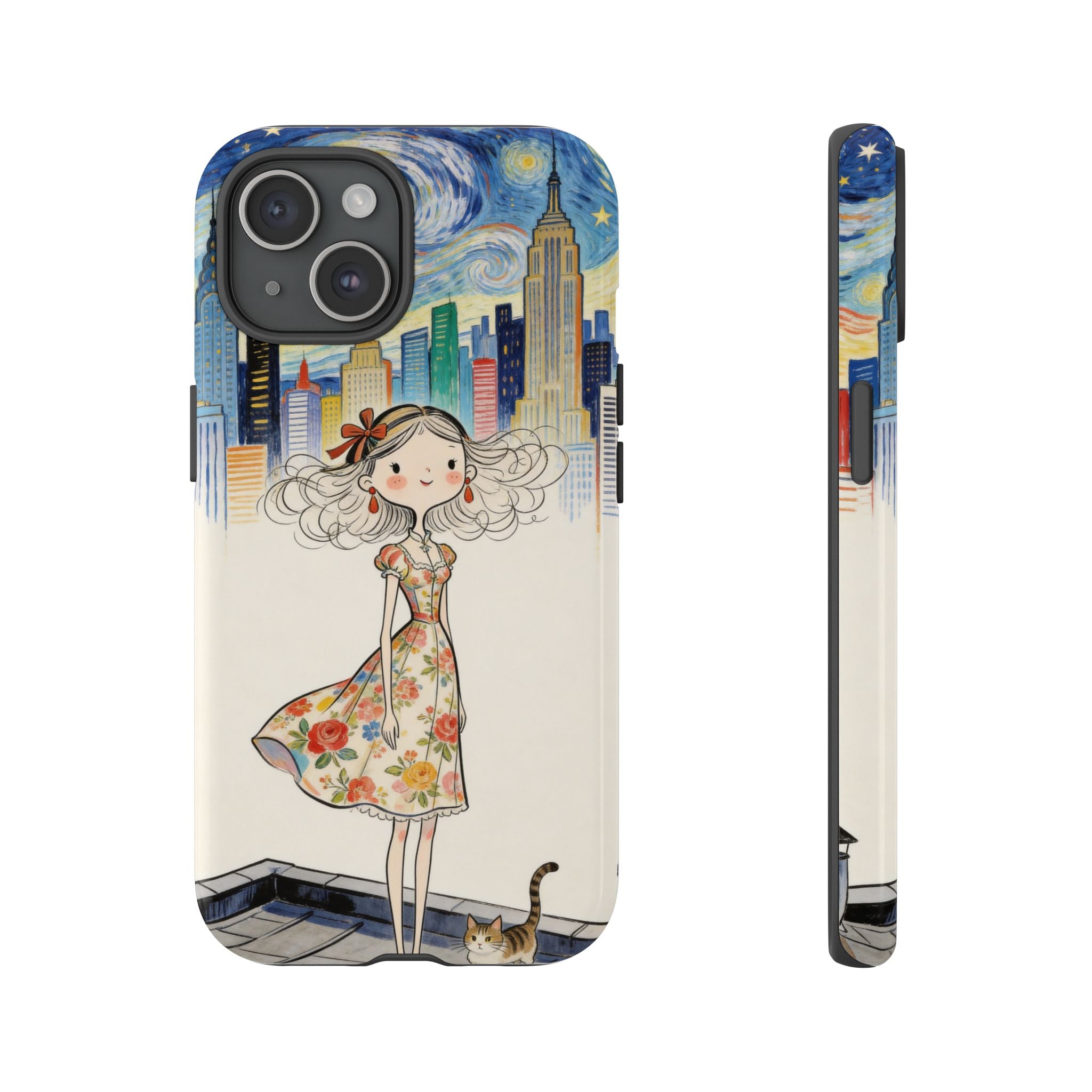 Artistic Girl Cityscape iPhone Case | Cute Floral Dress Rooftop Design