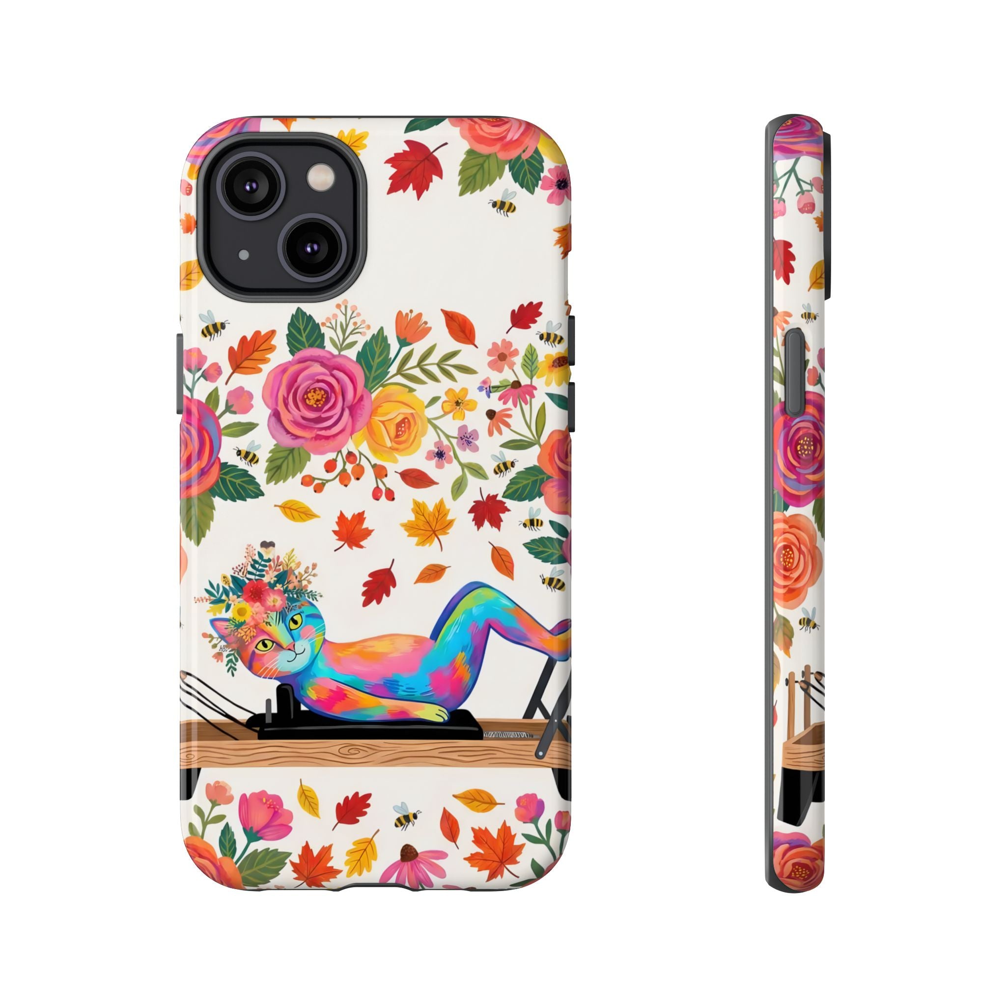 Autumn Floral Pilates iPhone Case | Colorful Rainbow Pilates Cat on Falling Leaves