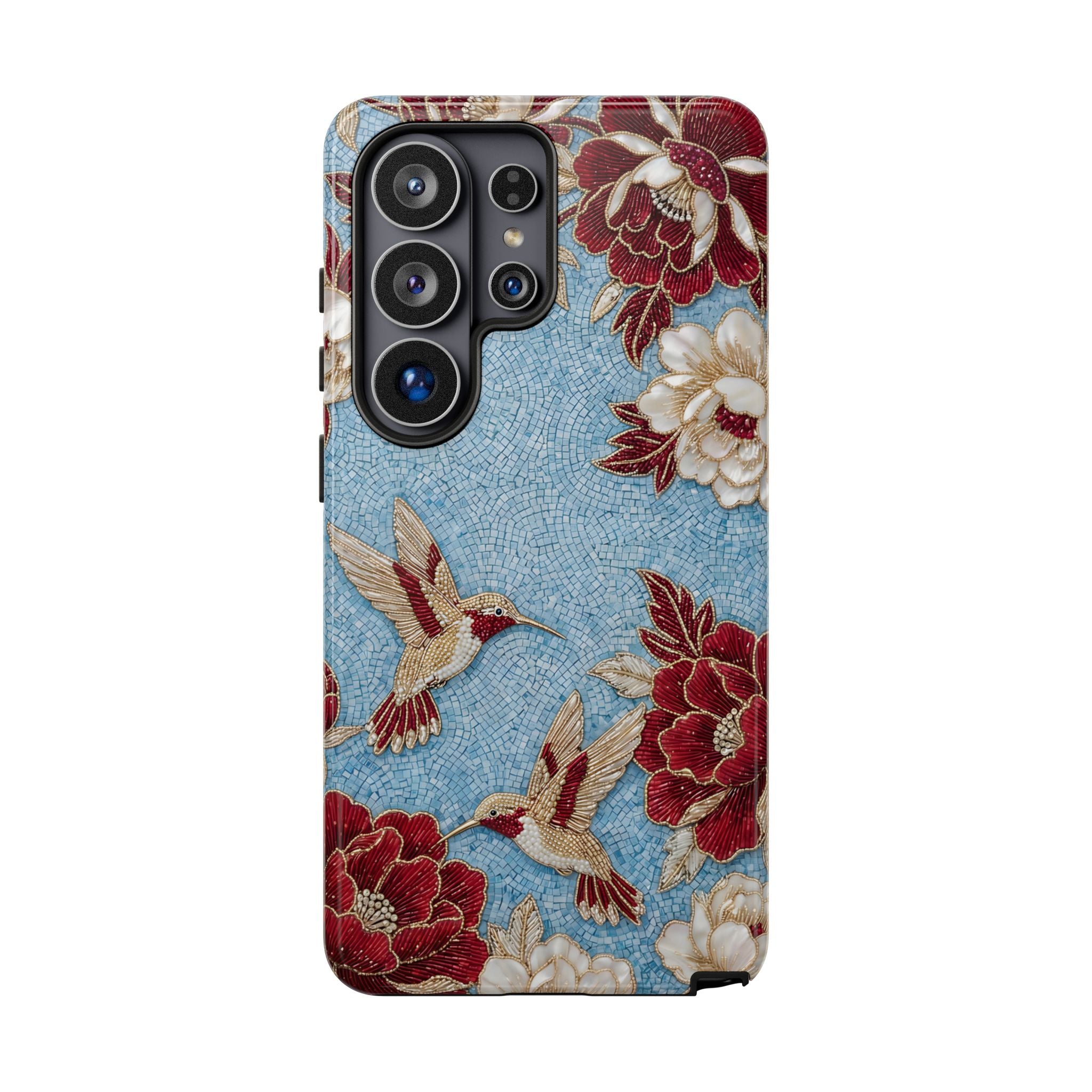 Floral Hummingbird Tough Samsung Galaxy Phone Case | Vintage Blue & Burgundy Botanical Design