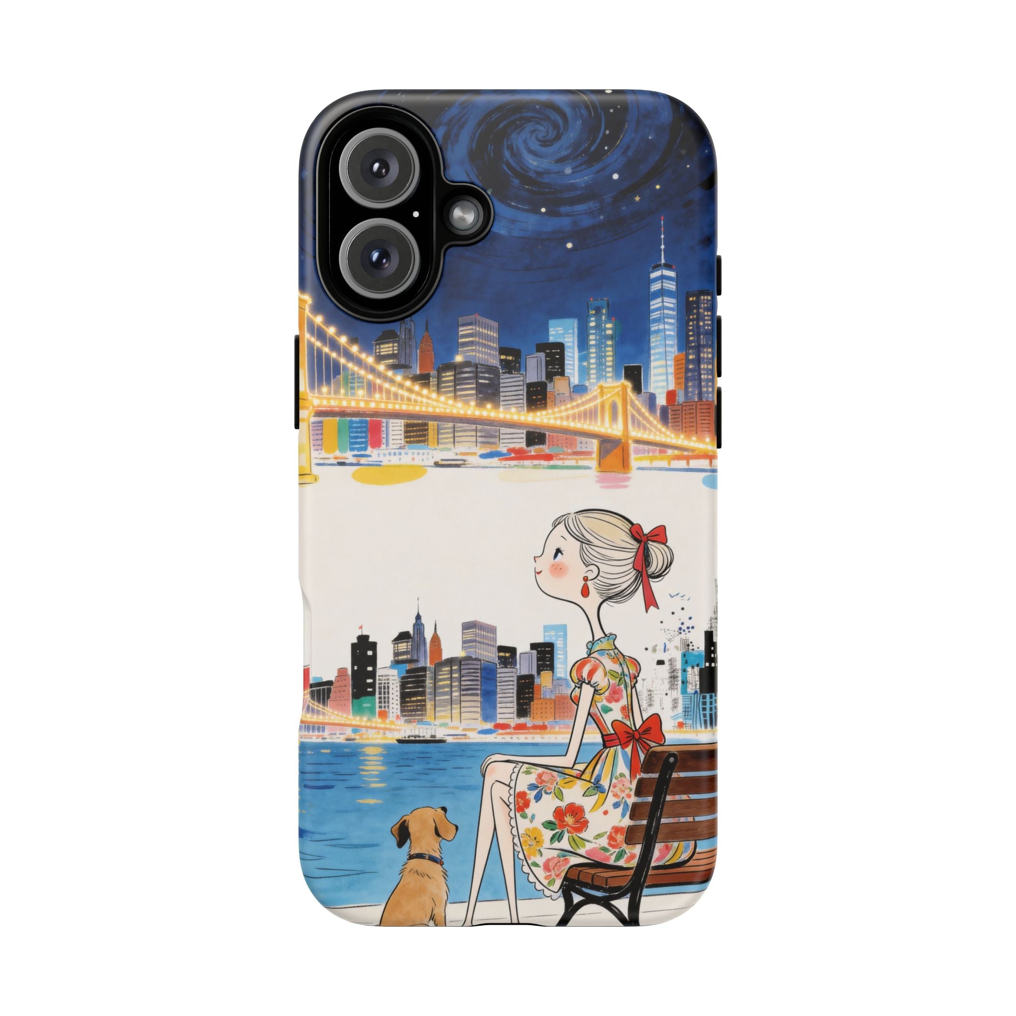 City Night iPhone Case | Cute Girl & Dog Bench Illustration