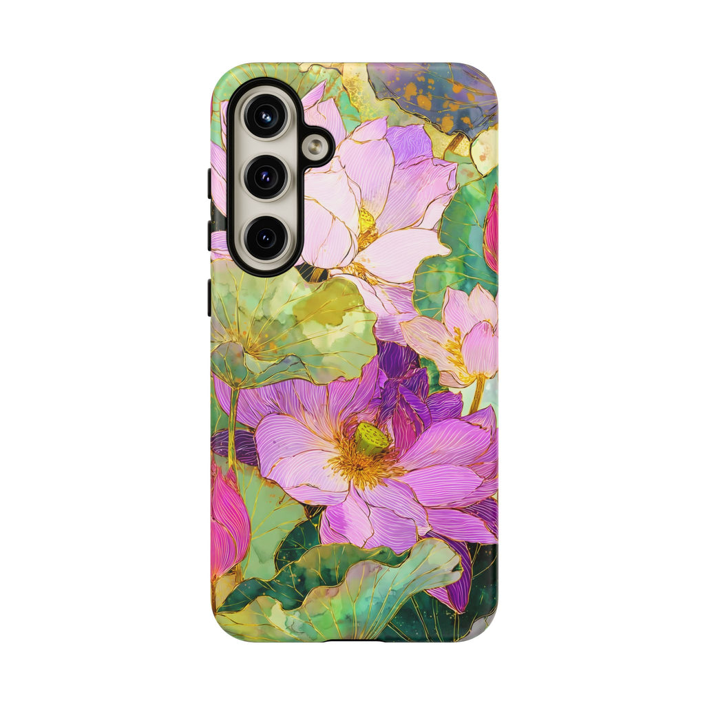 Custodia Protettiva Resistente per Telefono Samsung Galaxy con Acquerello Floreale | Cover Protettiva Giardino di Loto Rosa