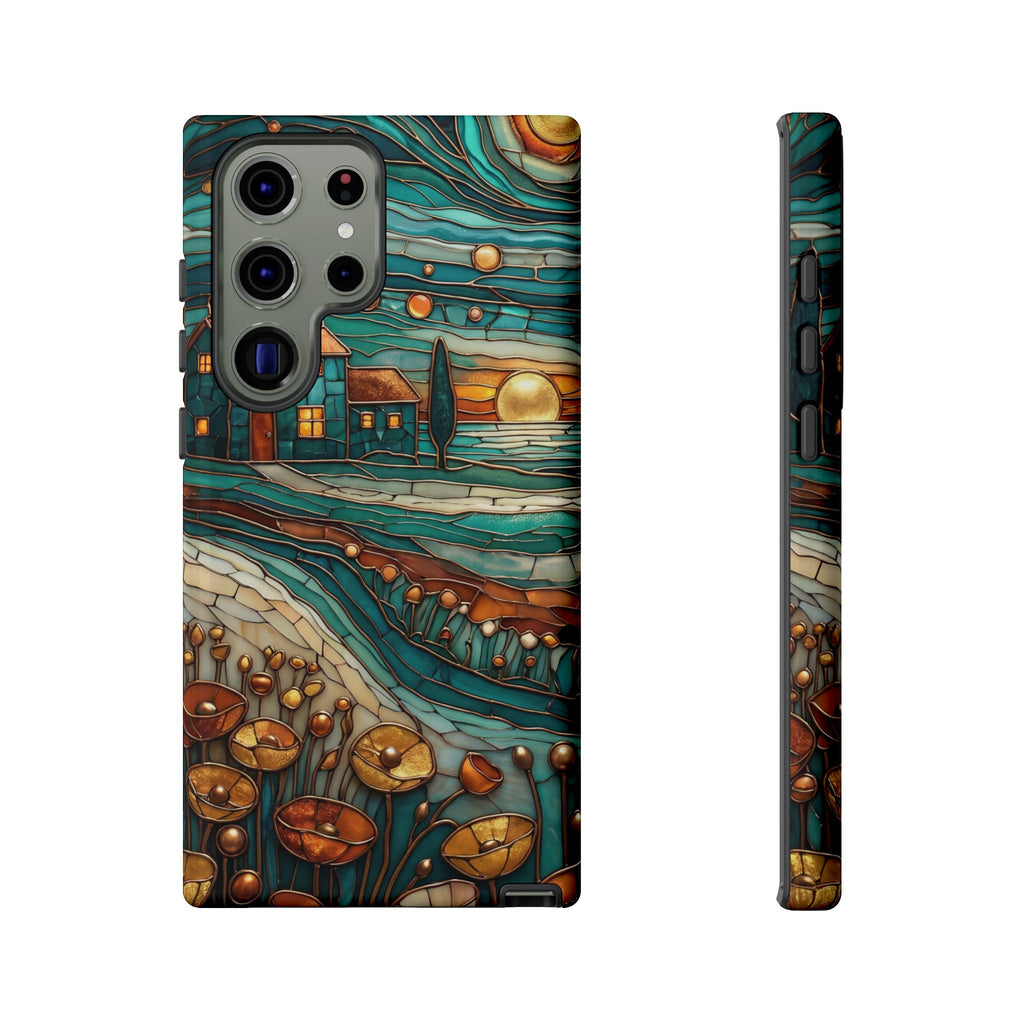 Artistic Sunset Cottage Samsung Galaxy Case | Whimsical Floral Landscape Protective Cover