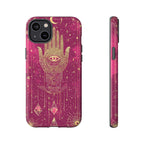 Mystic Hamsa iPhone Case | Gold Palm & All-Seeing Eye on Magenta Galaxy