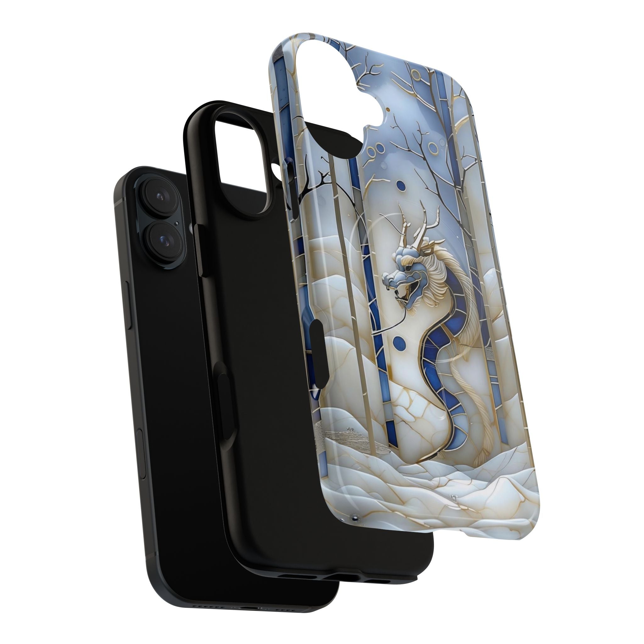 Dragon Stained Glass Tough MagSafe Phone Case — Blue & Ivory Medieval Art