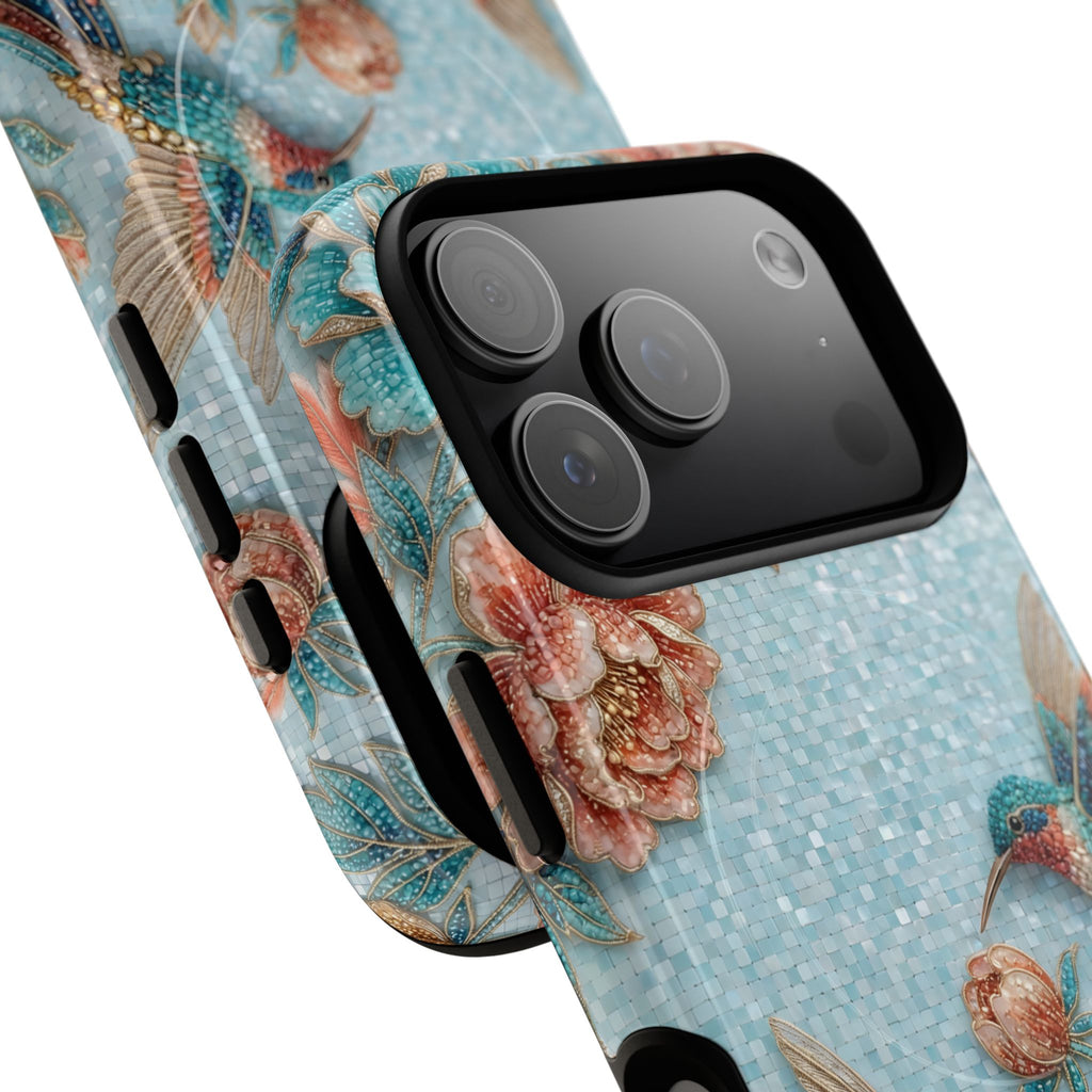Cover iPhone MagSafe Resistente Floreale Colibrì | Design da Giardino Blu Vintage
