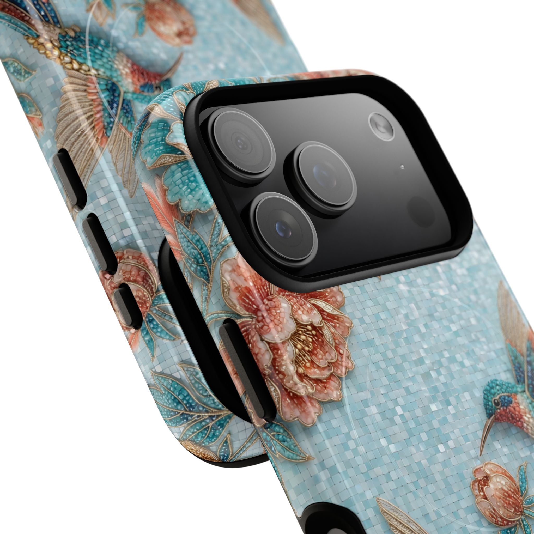 Hummingbird Floral Tough MagSafe iPhone Case | Vintage Blue Garden Design