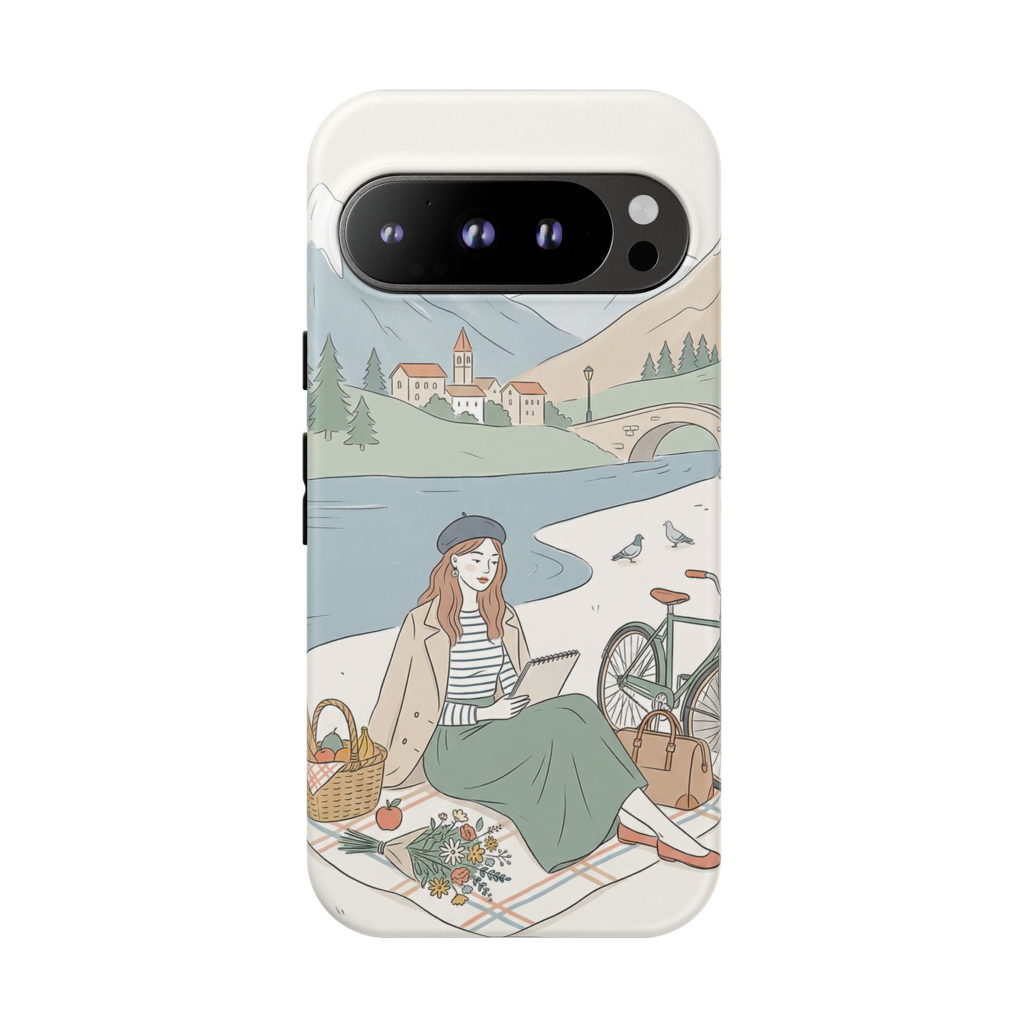 Scenic Picnic Google Pixel Phone Case | Vintage Bicycle & Mountain Illustration