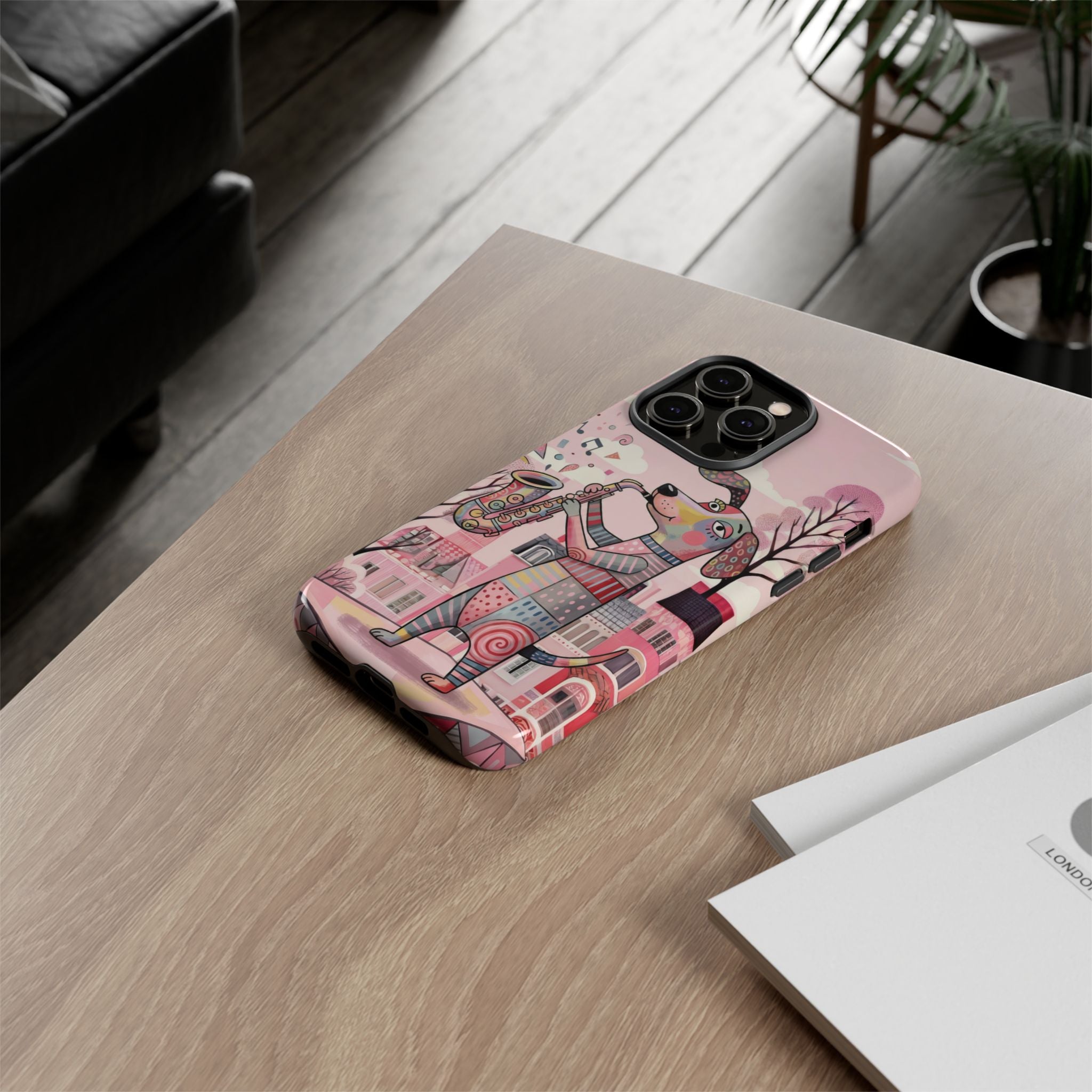Saxophone Dog iPhone Case | Cute Pink Musical Art Protective Case