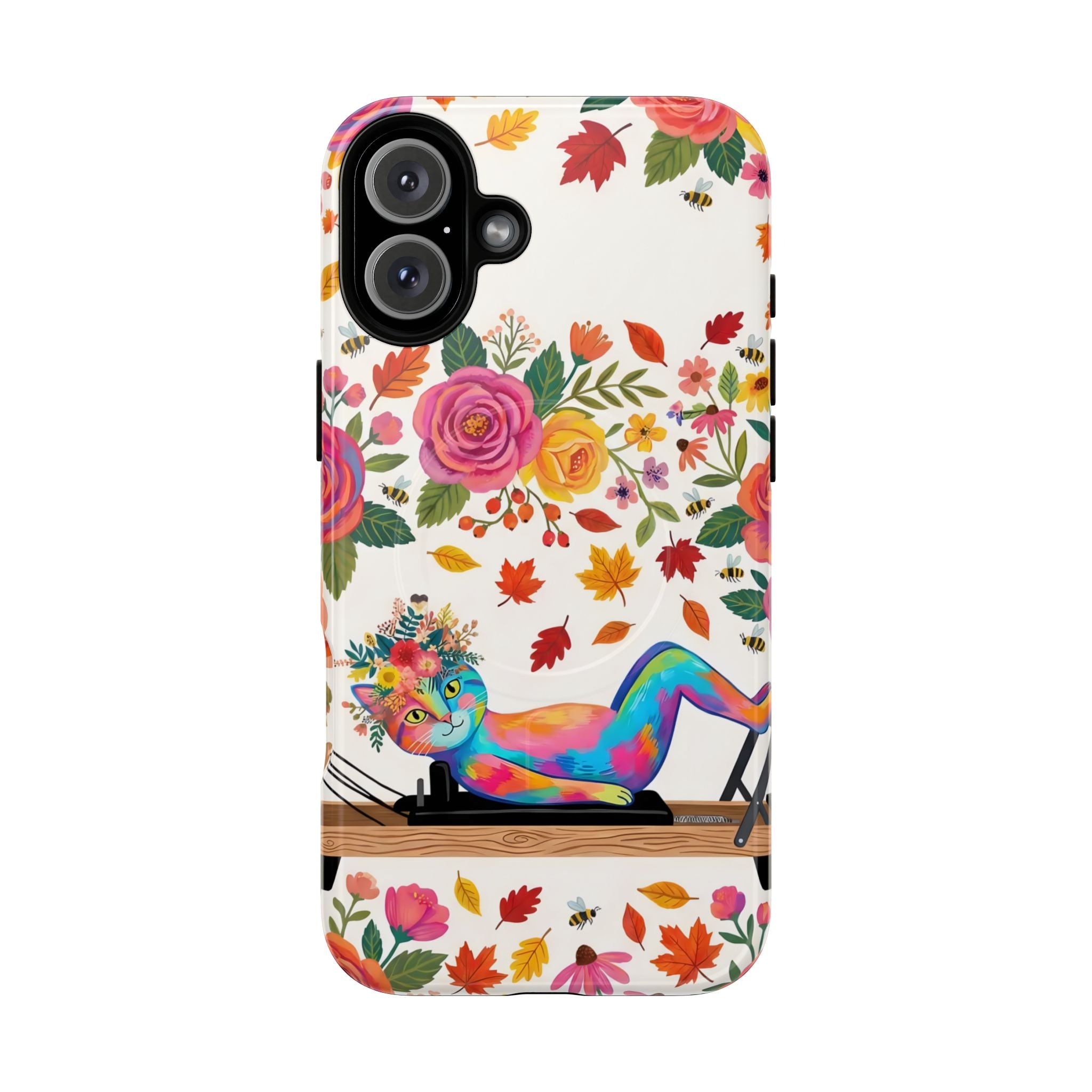 Autumn Floral Pilates MagSafe iPhone Case | Colorful Rainbow Pilates Cat on Falling Leaves