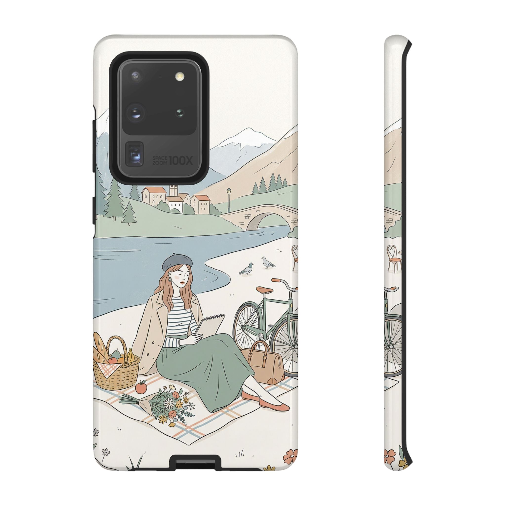 Scenic Picnic Samsung Galaxy Phone Case | Vintage Bicycle & Mountain Illustration