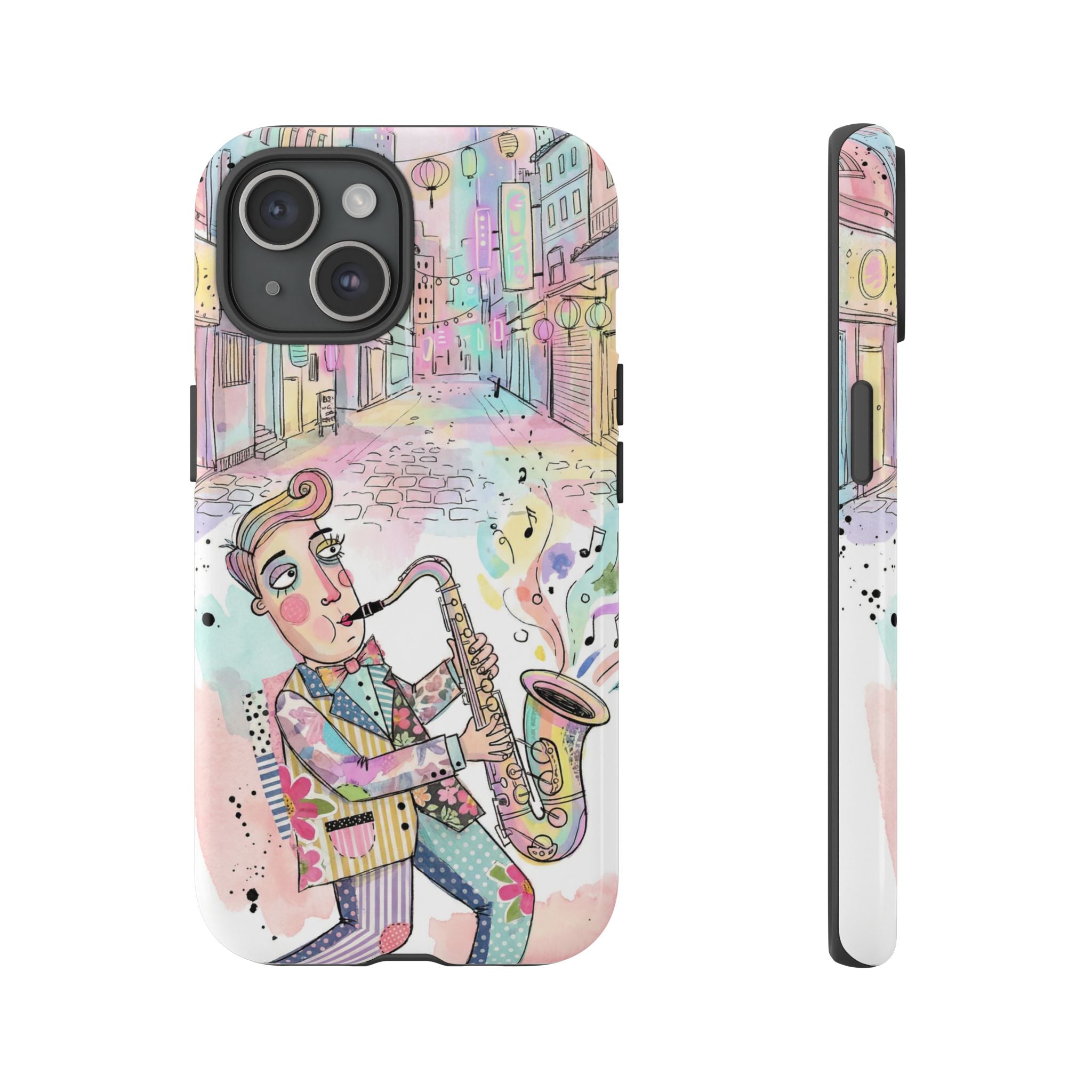 Sax Player Art iPhone Case | Pastel Jazz Street Illustration