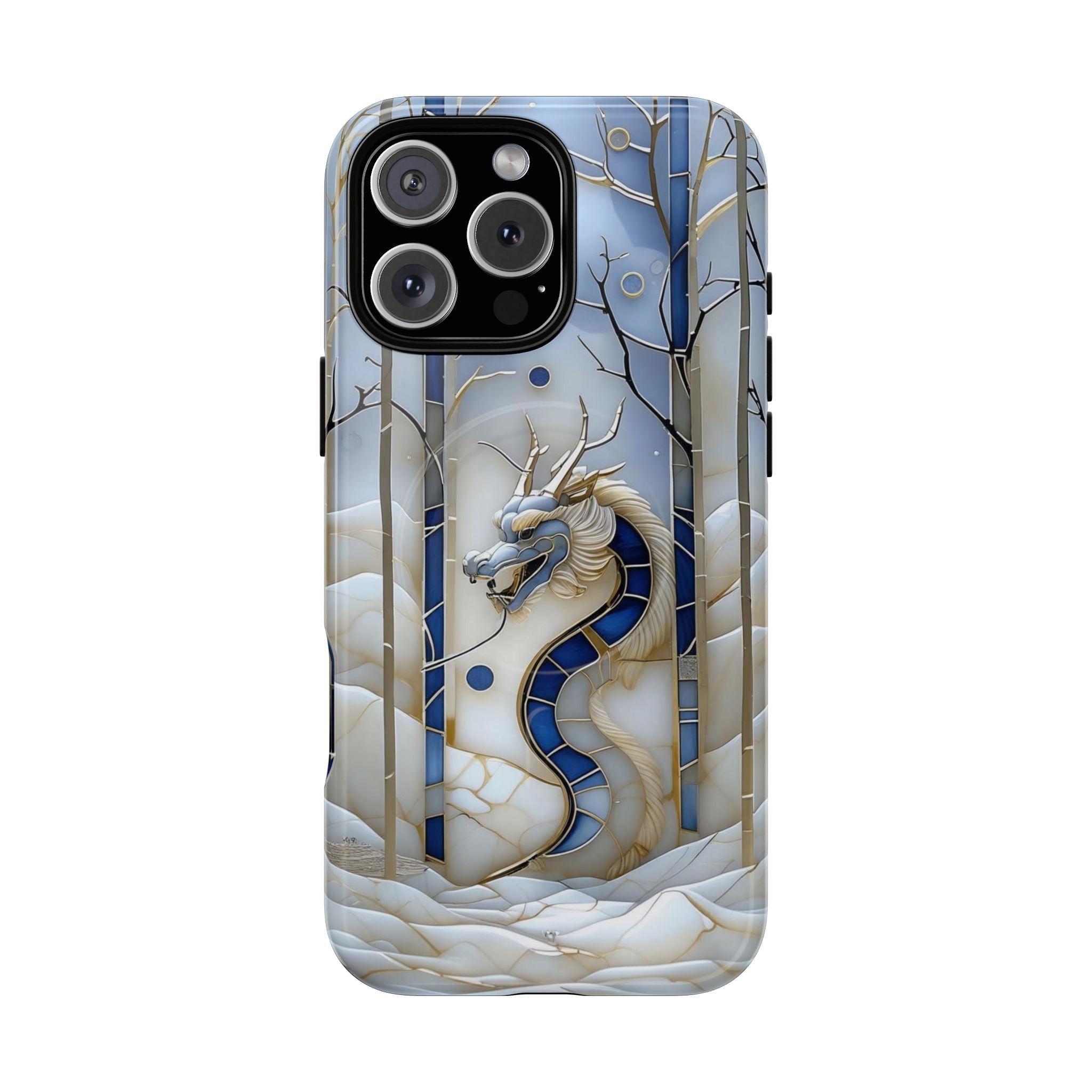 Dragon Stained Glass Tough MagSafe Phone Case — Blue & Ivory Medieval Art