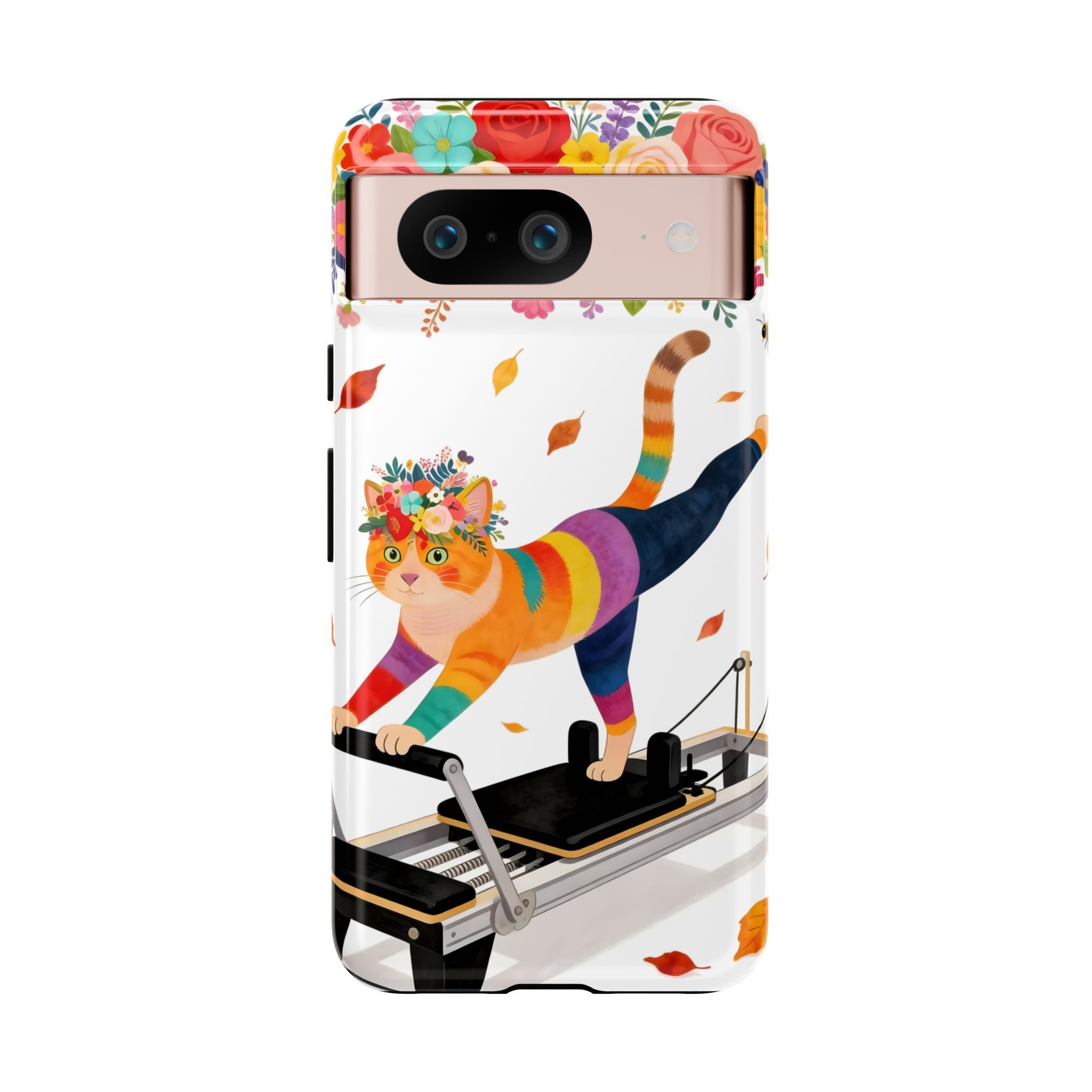 Cat Pilates Google Pixel Phone Case | Floral Rainbow Cat on Reformer