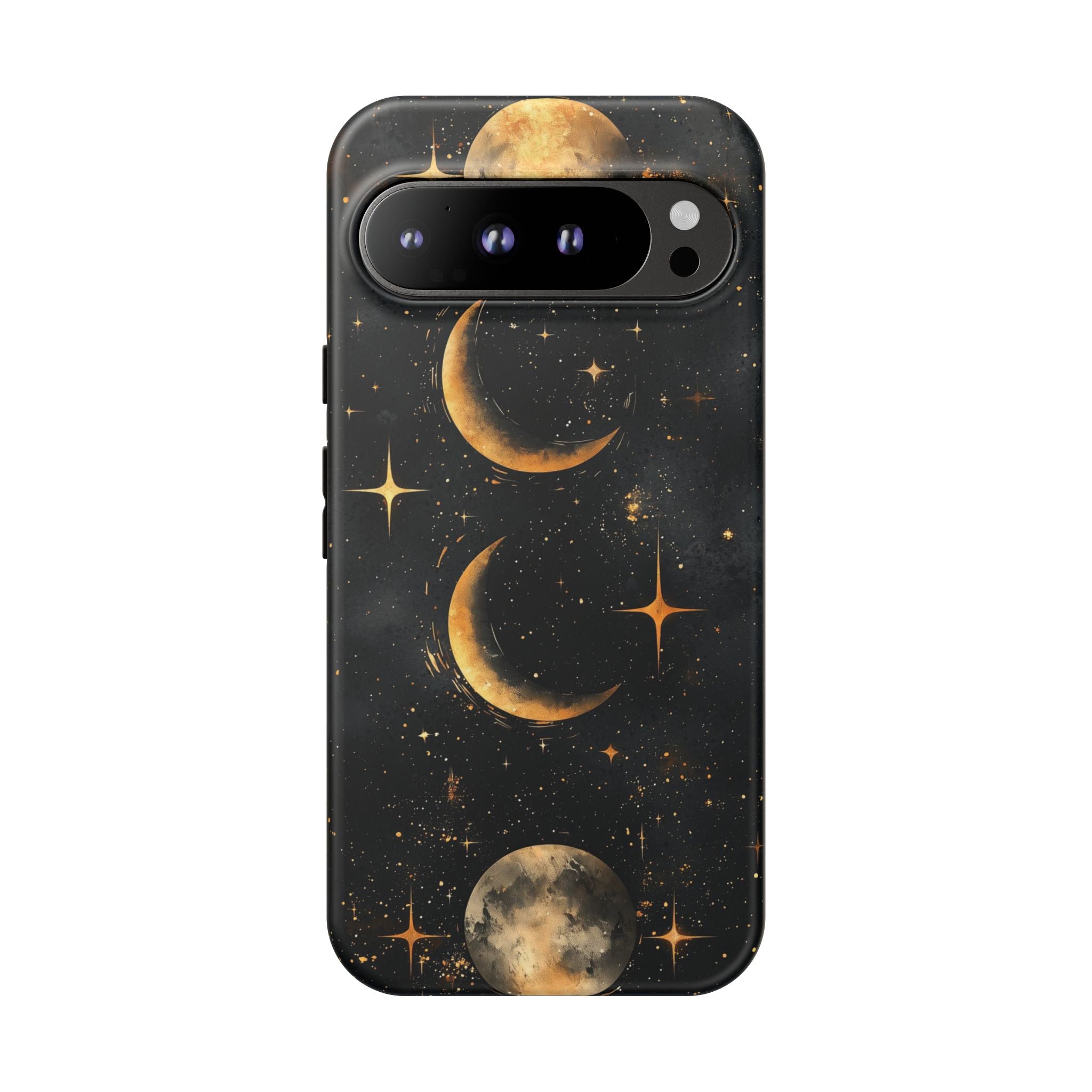 Celestial Moon Phases Tough Google Pixel Case | Gold Crescent & Full Moon Galaxy Design