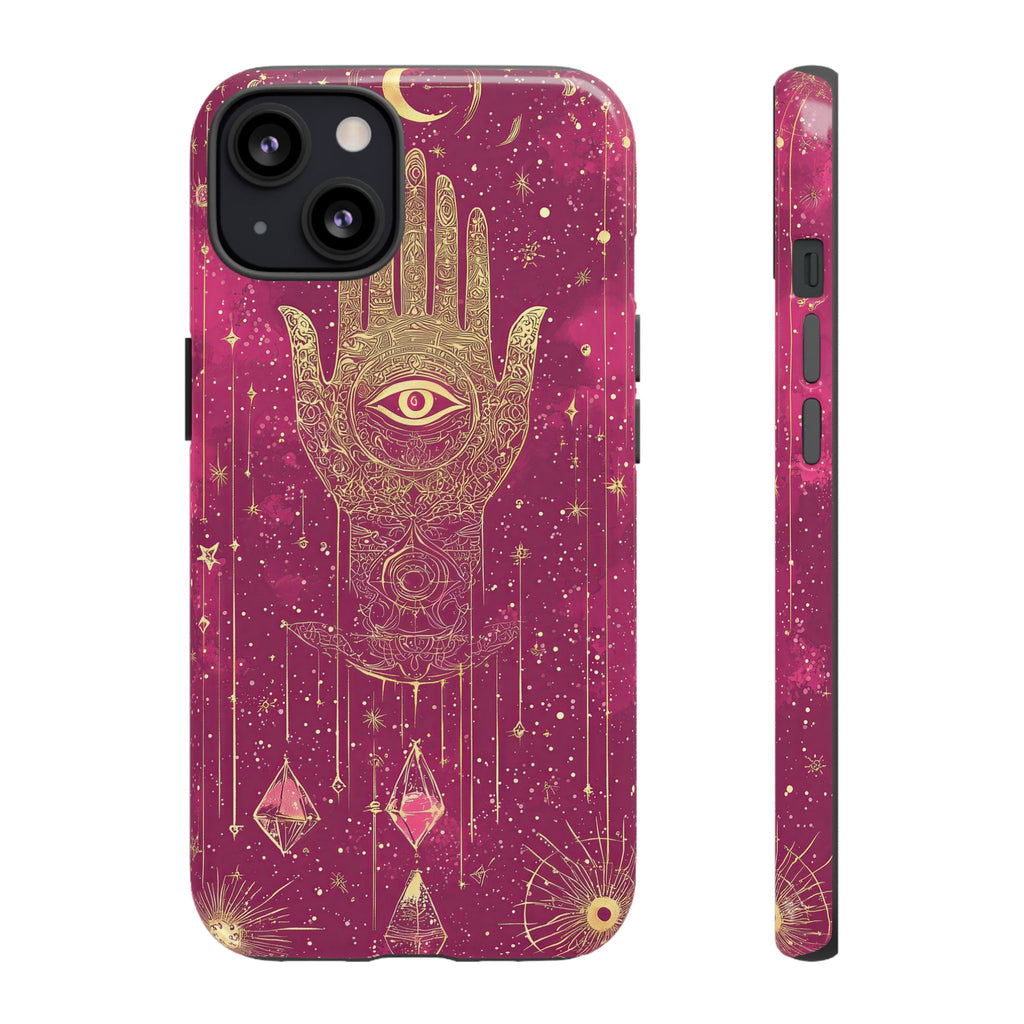 Mystic Hamsa iPhone Case | Gold Palm & All-Seeing Eye on Magenta Galaxy
