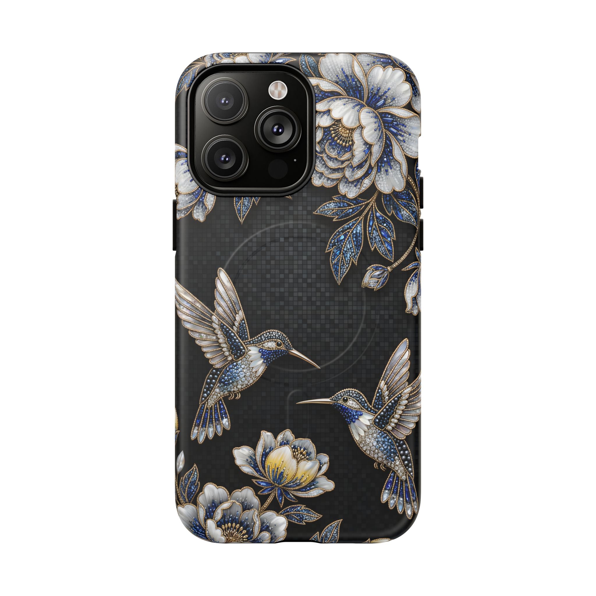Hummingbird & Peony Floral MagSafe iPhone Case | Elegant Black Protective Cover