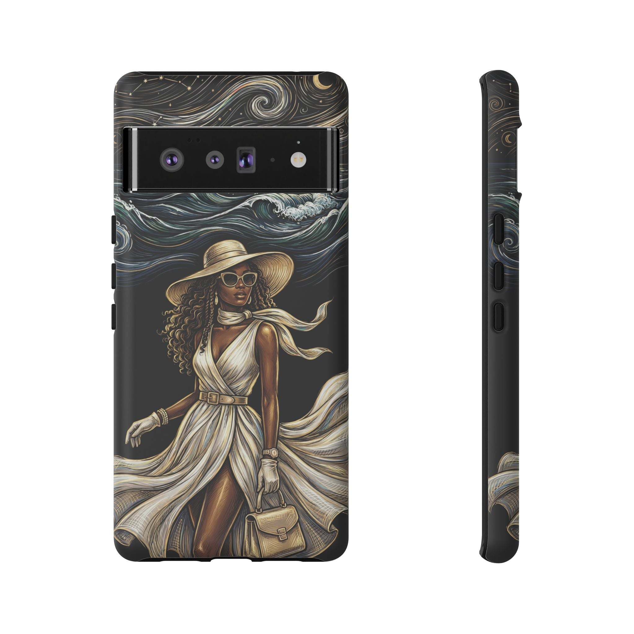 Google Pixel Phone Case | Elegant Black Woman in Flowing Dress by the Sea