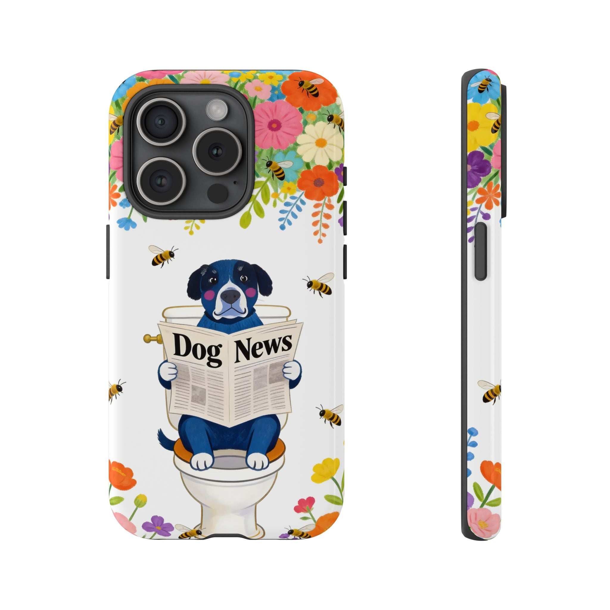 Dog News Floral iPhone Case | Cute Dog on Toilet Pattern, Spring Floral iPhone Cover