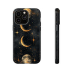 Celestial Moon Phases Tough iPhone Case | Gold Crescent & Full Moon Galaxy Design