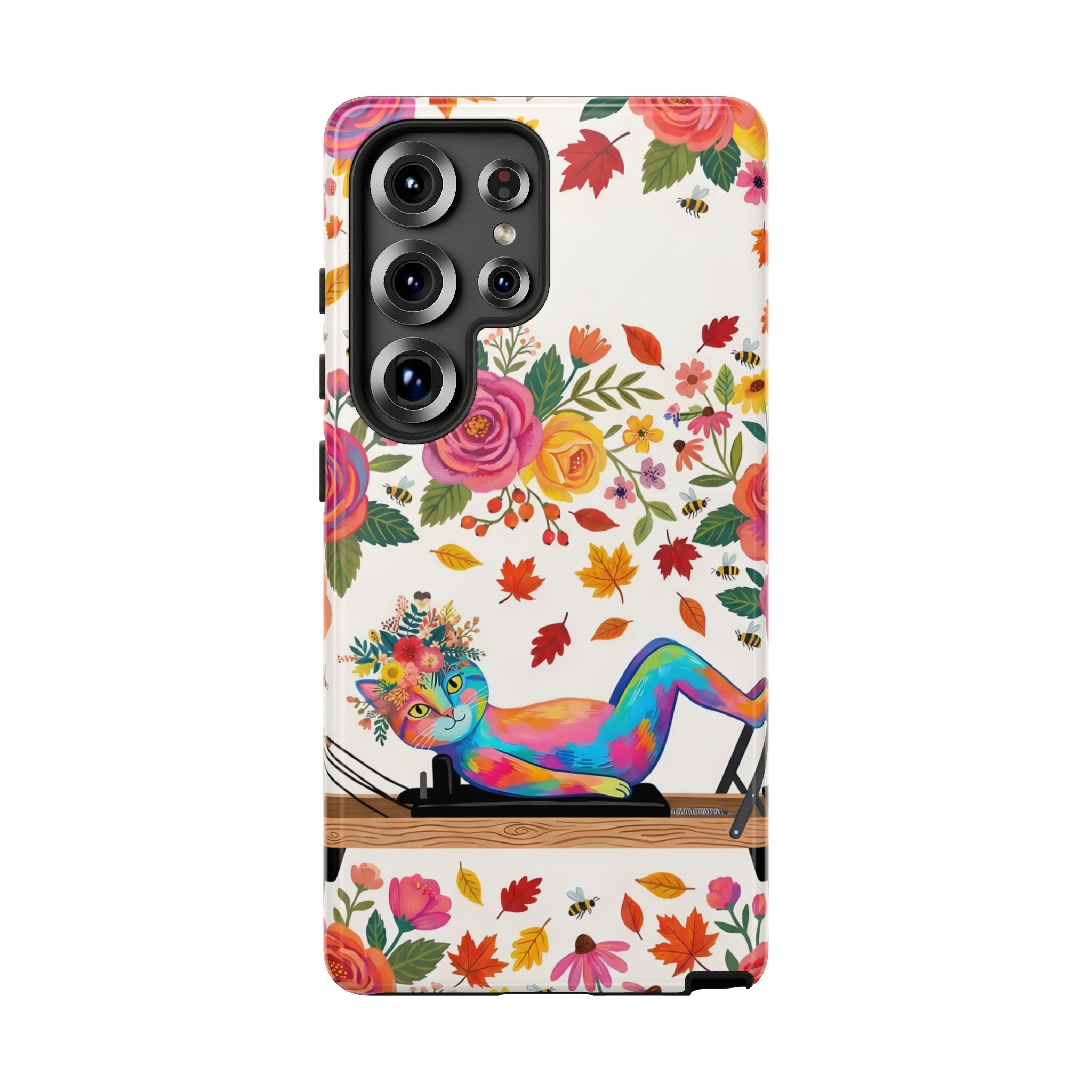 Autumn Floral Pilates Samsung Galaxy Phone Case | Colorful Rainbow Pilates Figure on Falling Leaves