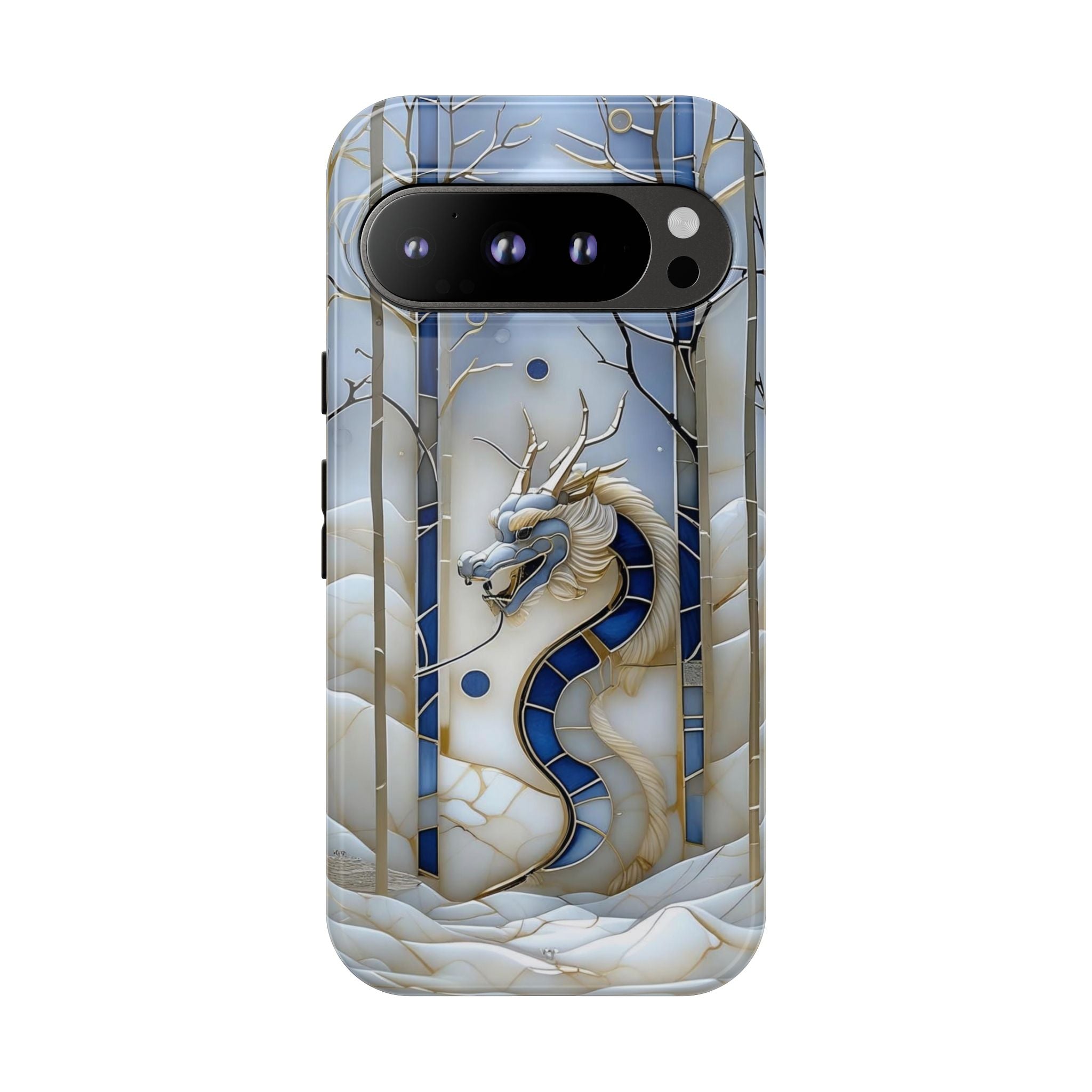 Dragon Stained Glass Google Pixel Case — Blue Winter Forest Protective Cover