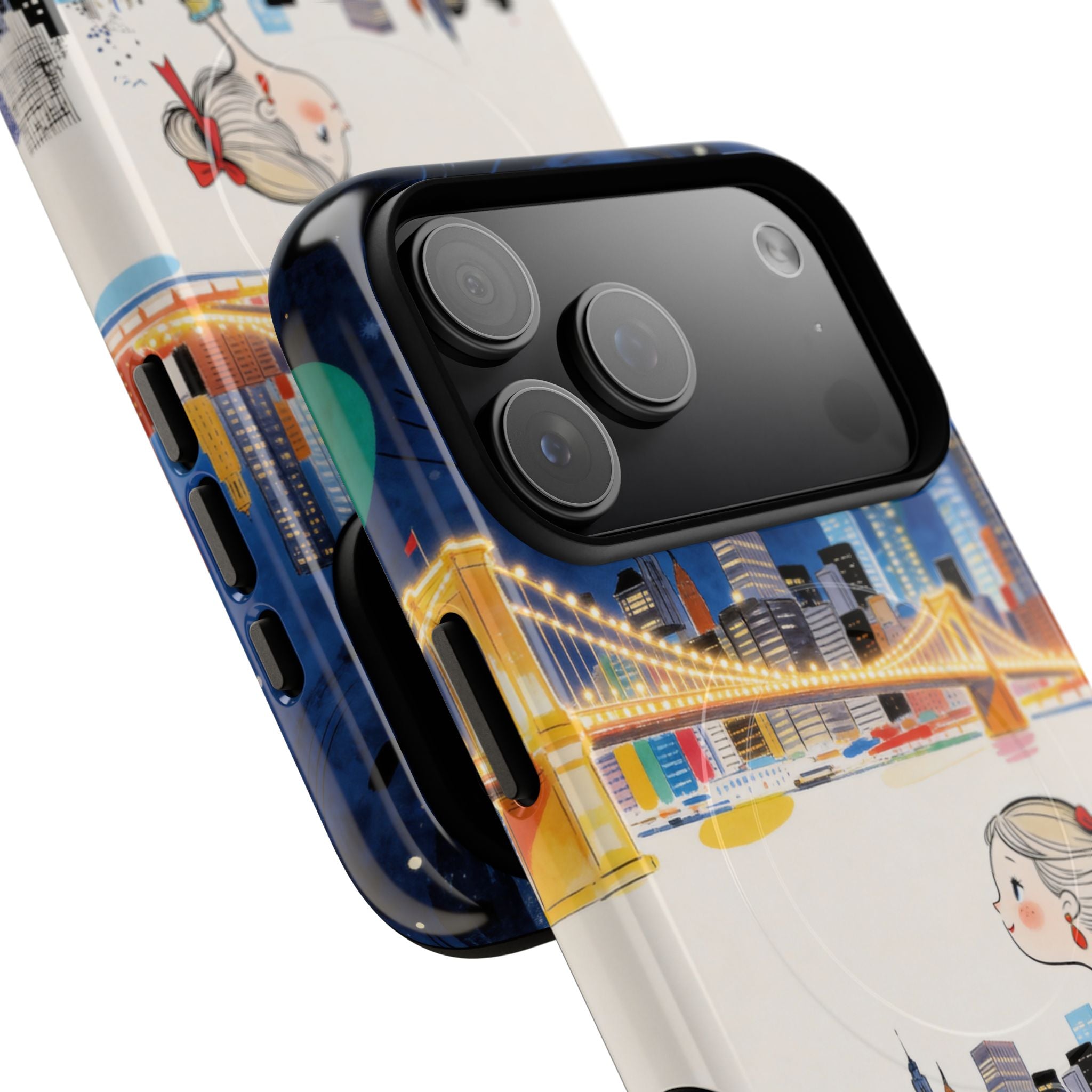 City Night MagSafe iPhone Case | Cute Girl & Dog Bench Illustration