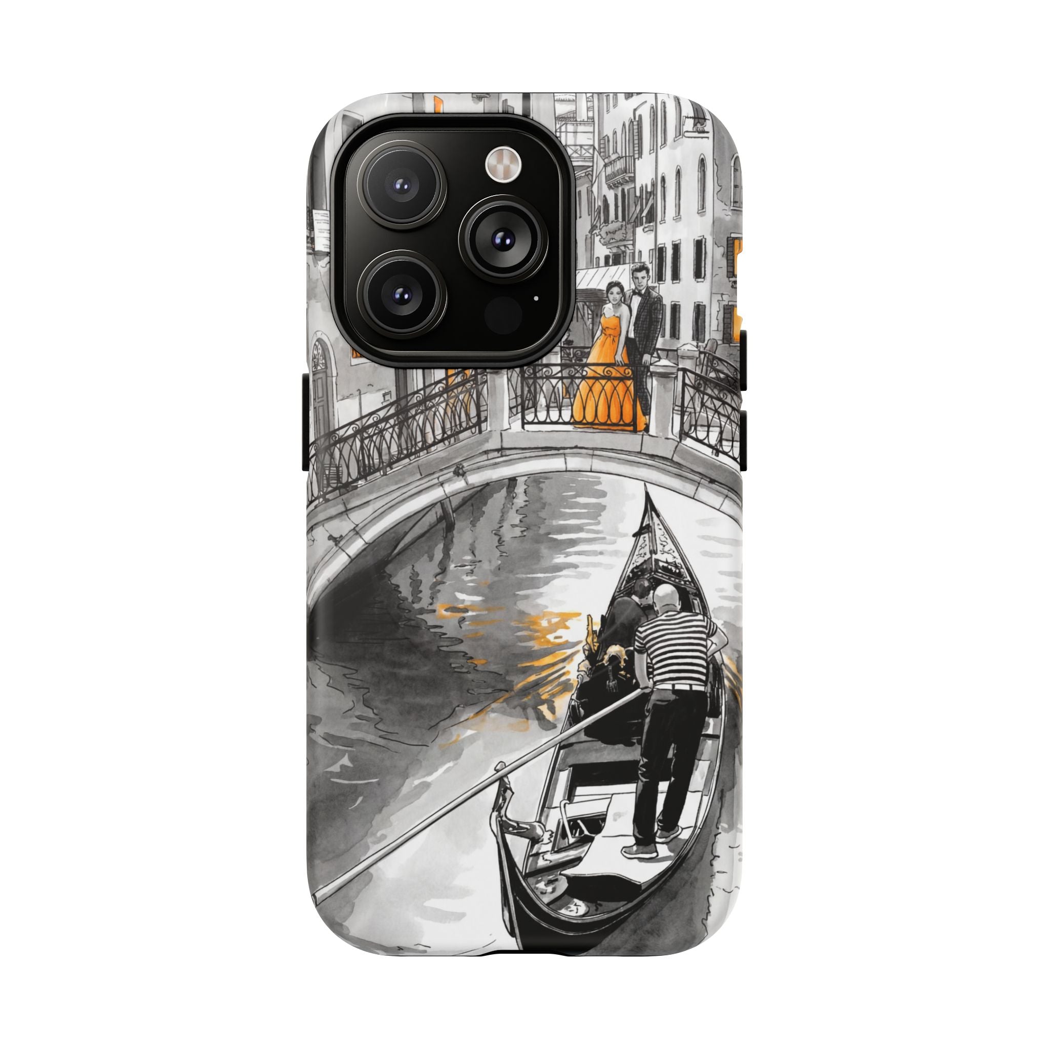 Custodia per iPhone Gondola di Venezia | Custodia MagSafe resistente con motivo schizzo in bianco e nero e dettagli dorati