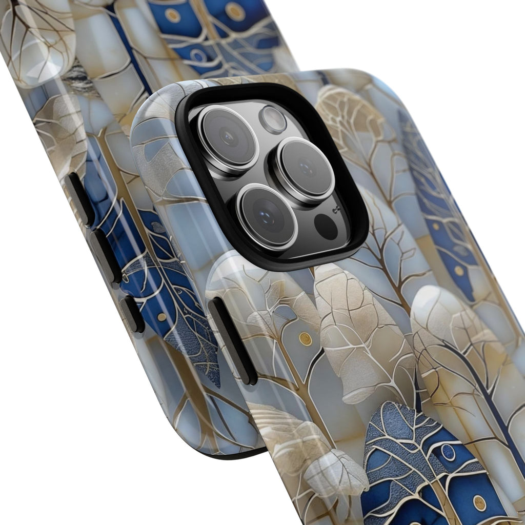 Blue Gold Winter Forest iPhone Case — Elegant Tree Pattern Tough Case
