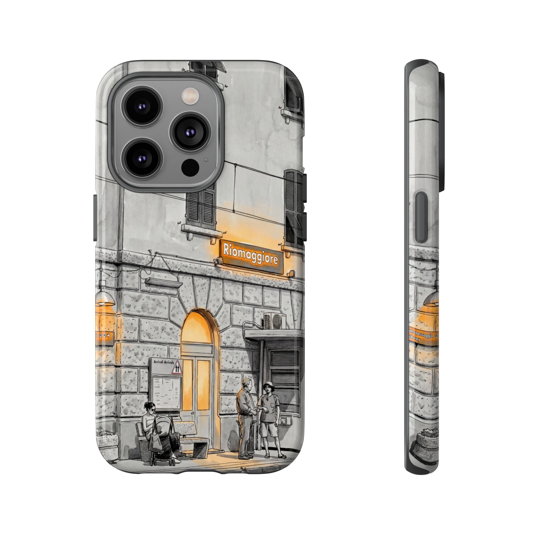 Cinque Terre Train Station iPhone Case | Black & White Sketch with Warm Yellow Accents