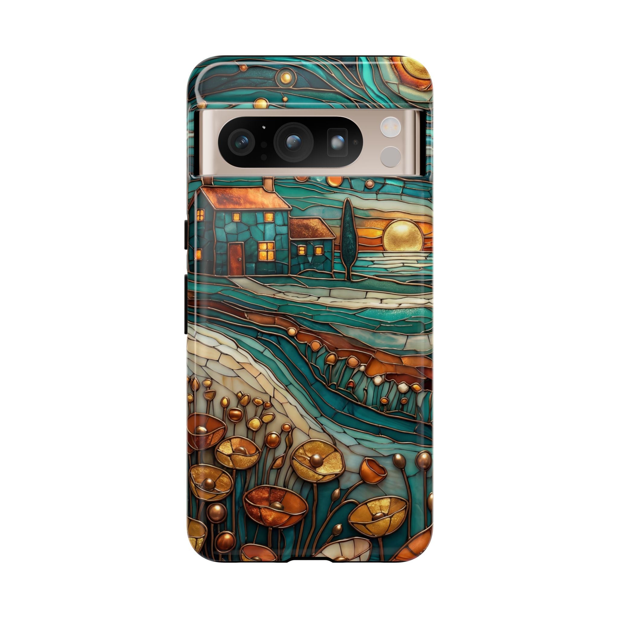Artistic Sunset Cottage Google Pixel Case | Whimsical Floral Landscape Protective Cover