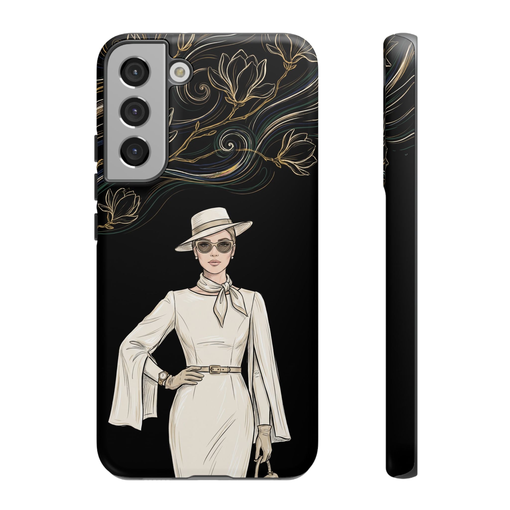 Samsung Galaxy Phone Case | Elegant Vintage Lady with Gold Floral Swirls
