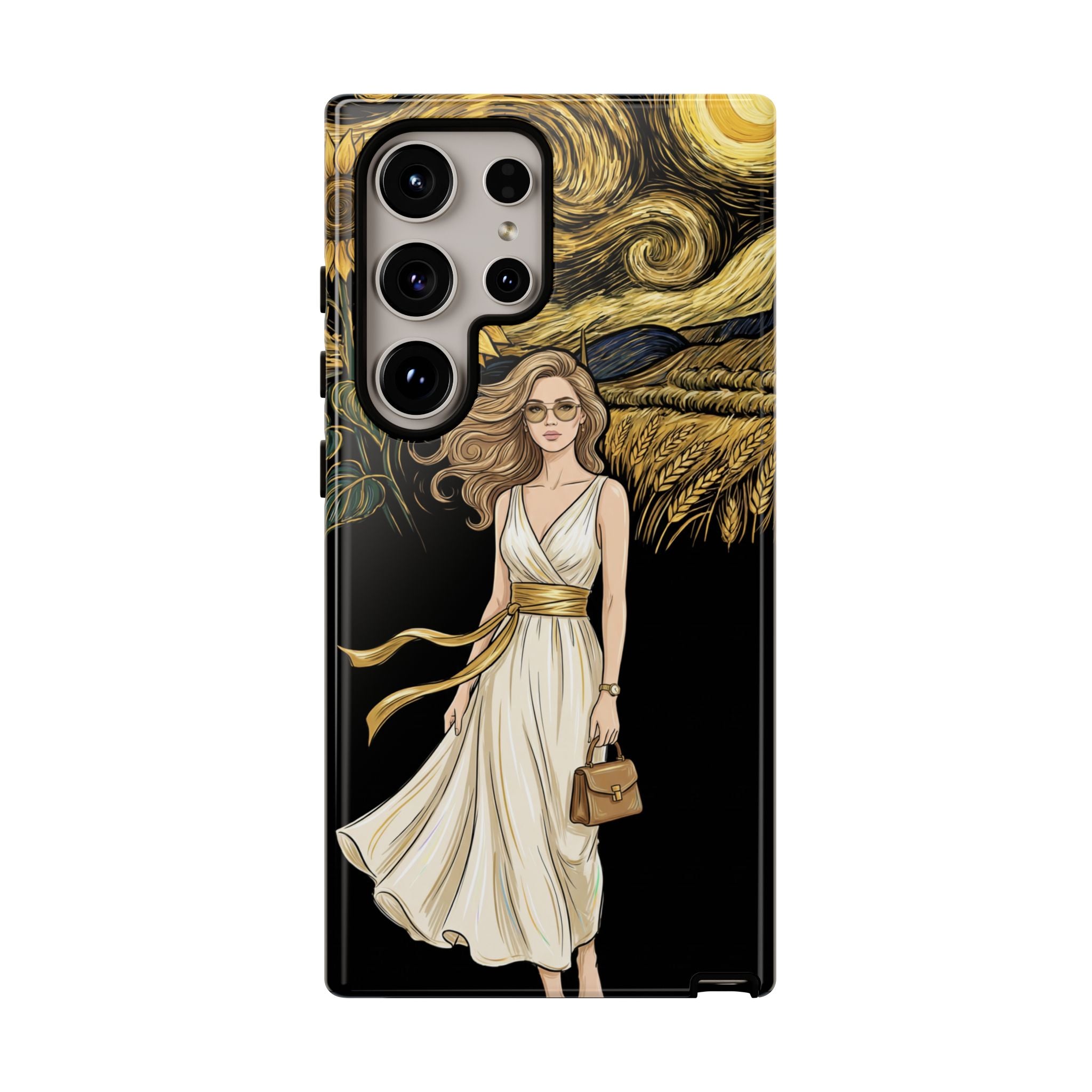 Sunflower Night Samsung Galaxy Phone Case | Woman in Flowing Dress Van Gogh Style