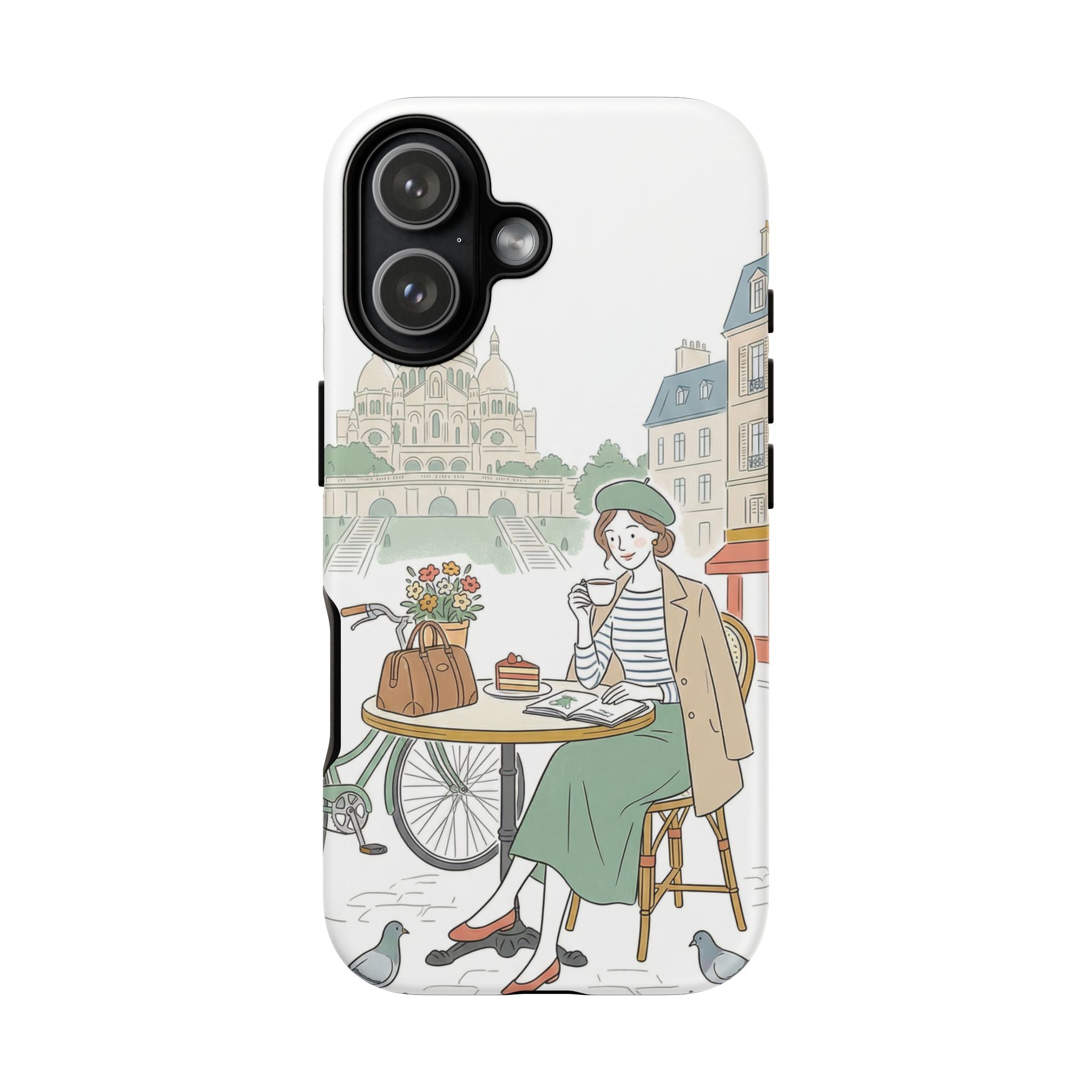 Paris Cafe Illustration iPhone Case | Vintage Bicycles & Pigeons Protective Cover