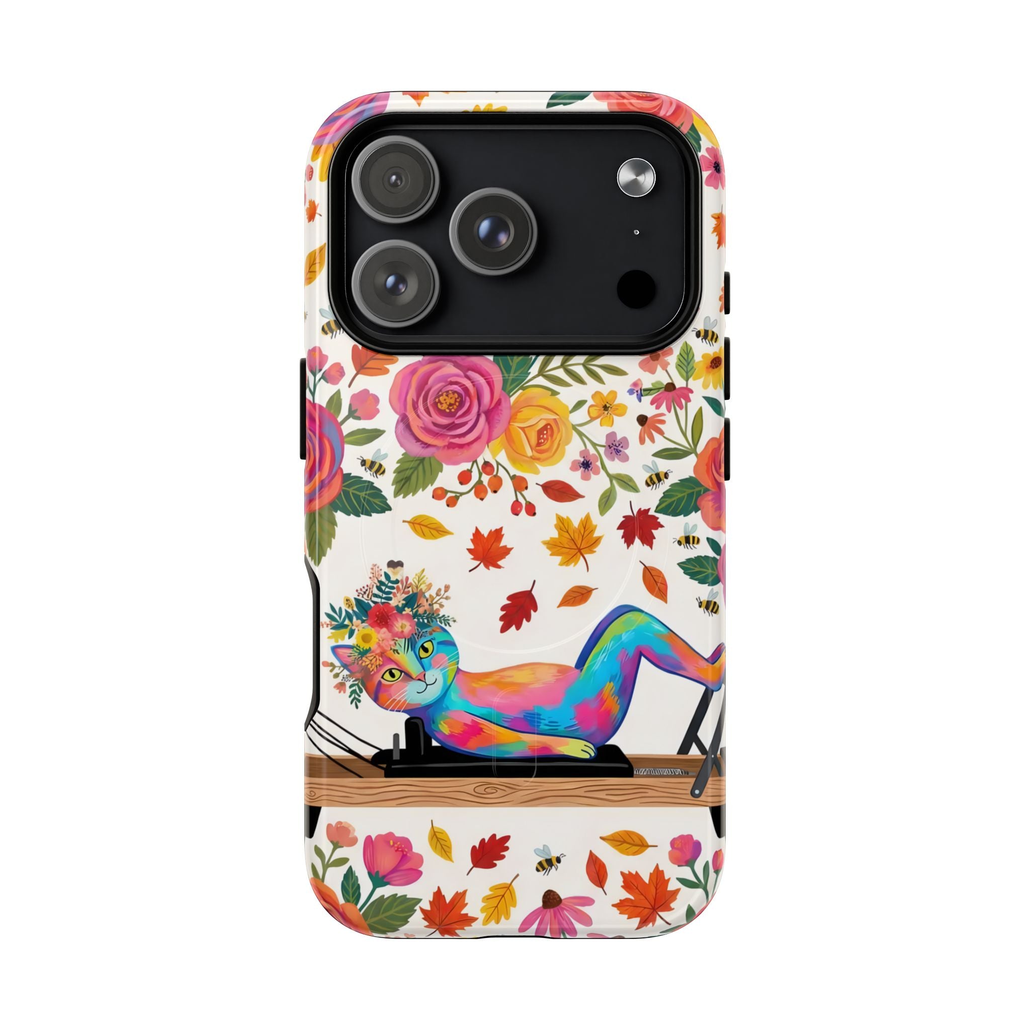 Autumn Floral Pilates MagSafe iPhone Case | Colorful Rainbow Pilates Cat on Falling Leaves
