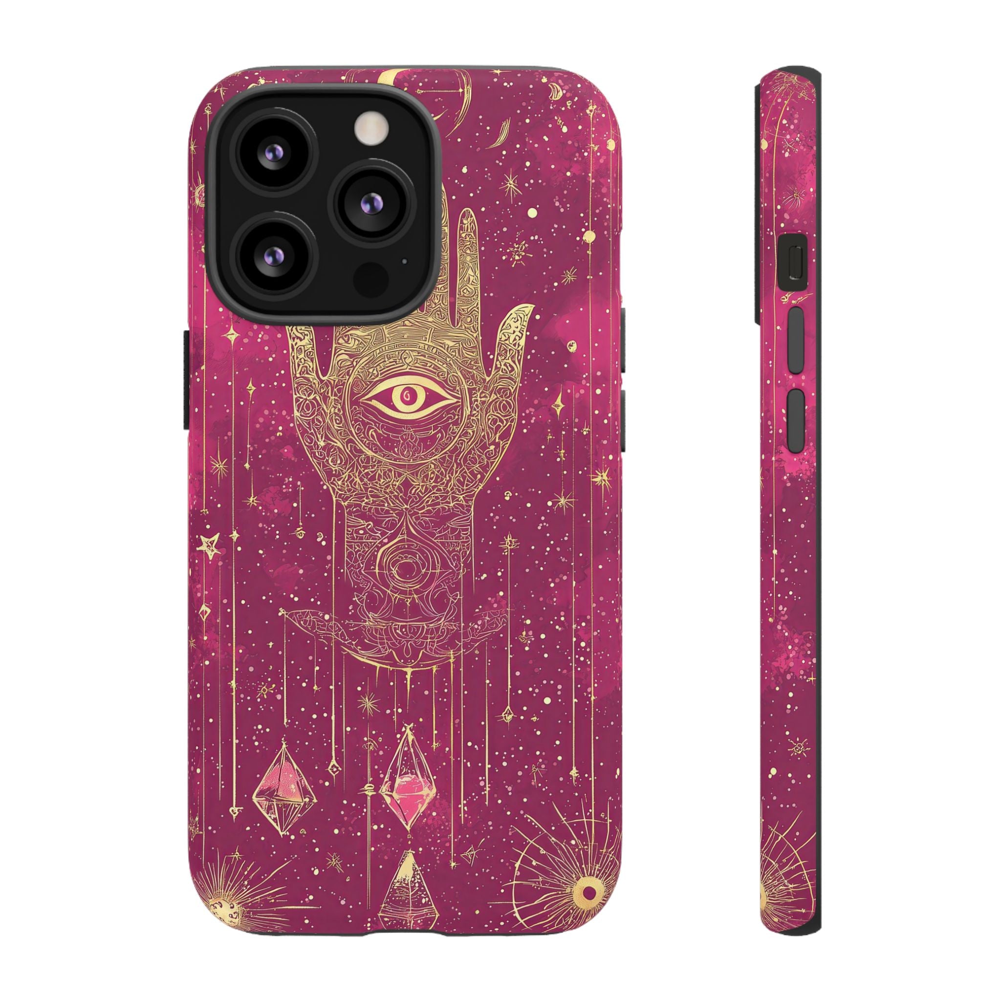 Mystic Hamsa iPhone Case | Gold Palm & All-Seeing Eye on Magenta Galaxy