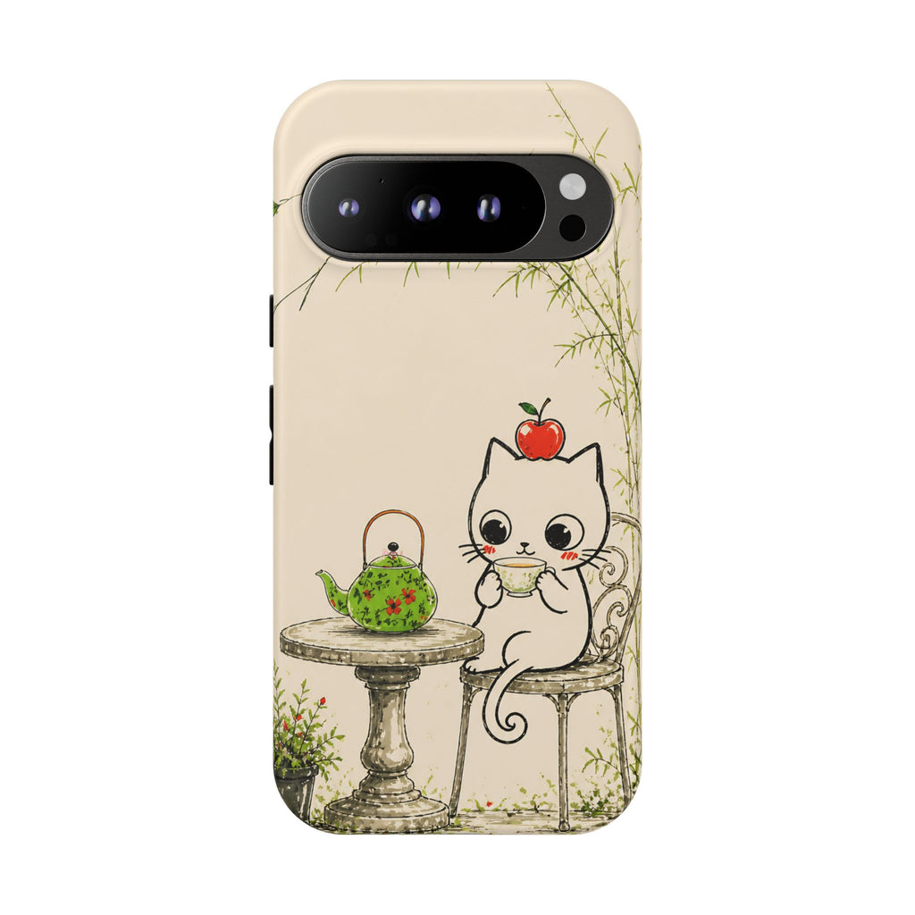 Cute Cat Tea Time Google Pixel Phone Case | Kawaii Kitten with Apple Design